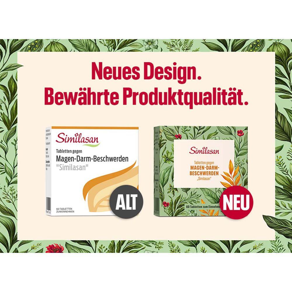 Vergleich von alter und neuer Verpackung. Beide zeigen "Similasan" und "Tabletten gegen Magen-Darm-Beschwerden".