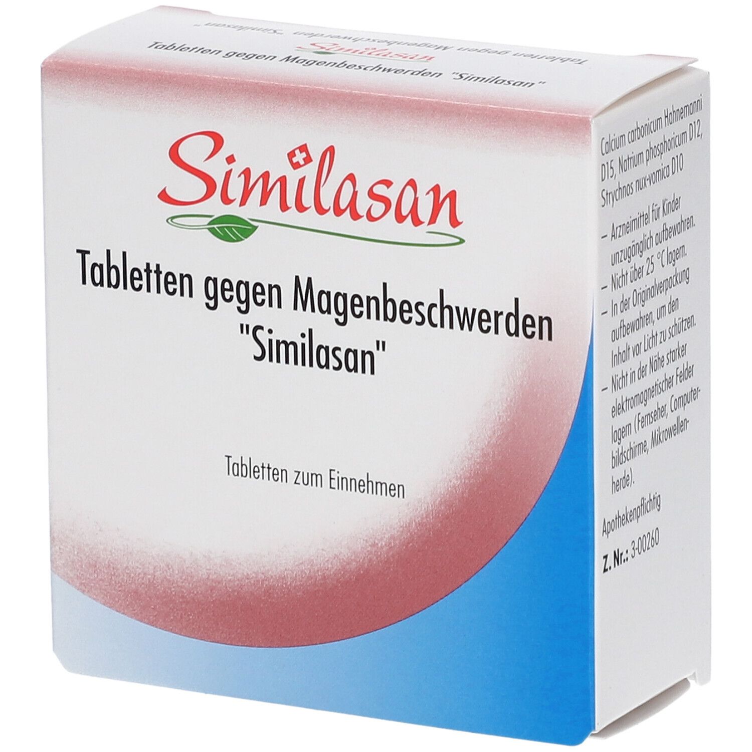 Schachtel mit Tabletten gegen Magenbeschwerden. Marke Similasan. Blaue und rote Akzente.