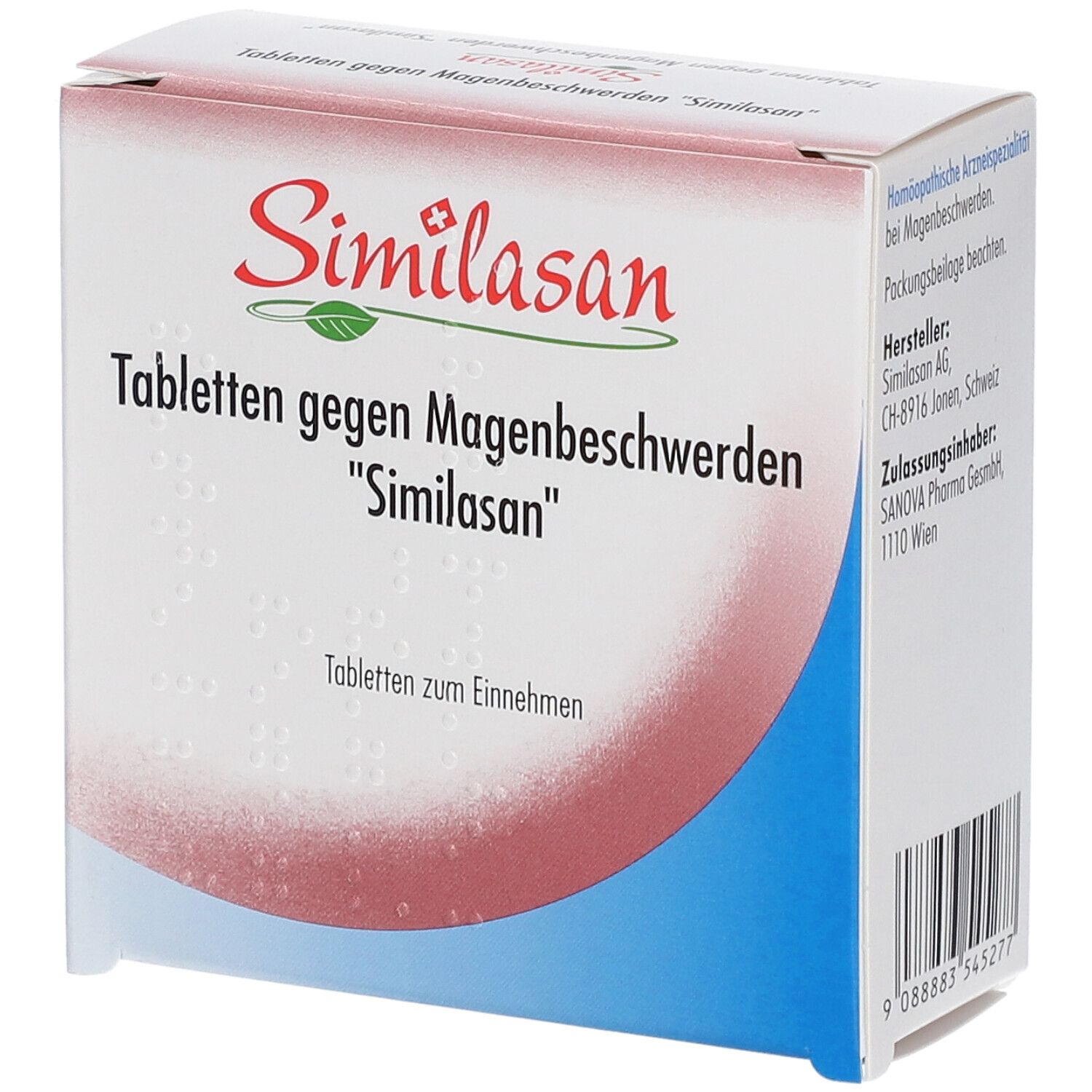 Schachtel mit Tabletten gegen Magenbeschwerden. Marke Similasan. Detailansicht.