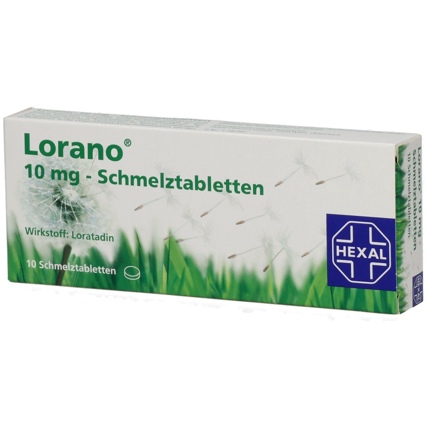 Schachtel mit LORANO 10 mg Schmelztabletten. Grün-weißes Design mit Logo und Text. Enthält 10 Tabletten. Hexal-Logo.
