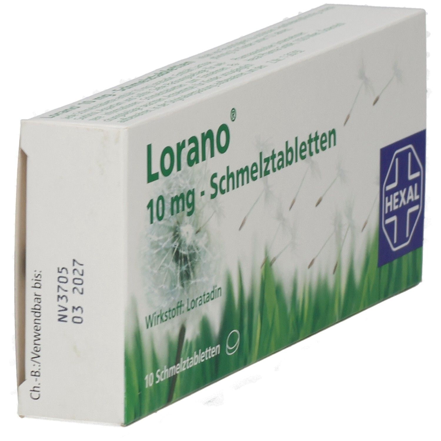 Schachtel LORANO 10 mg Schmelztabletten, schräg. Grün-weißes Design, Logo und Text. Enthält 10 Tabletten. Hexal-Logo. Verfallsdatum.