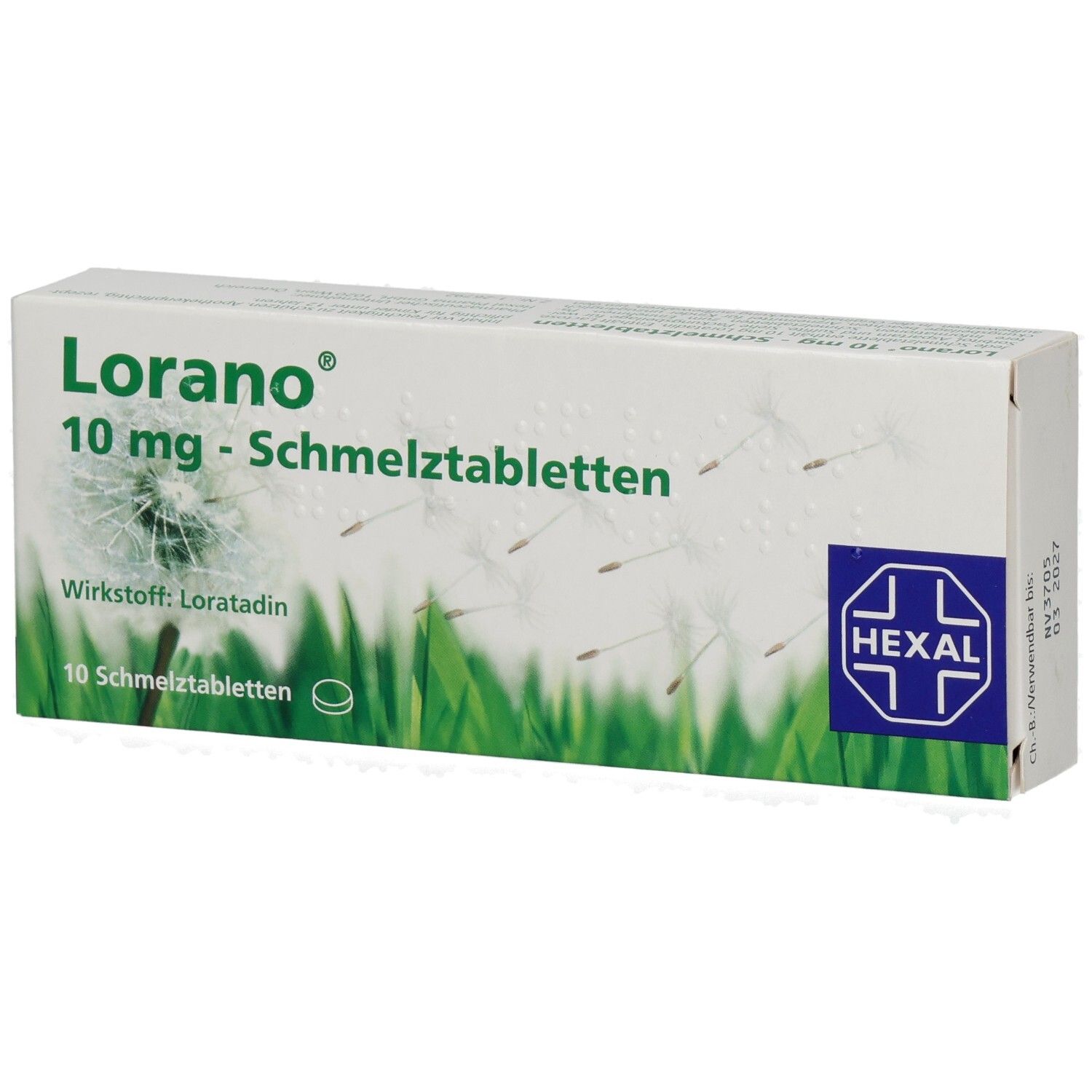 Schachtel mit LORANO 10 mg Schmelztabletten. Grün-weißes Design mit Logo und Text. Enthält 10 Tabletten. Hexal-Logo.