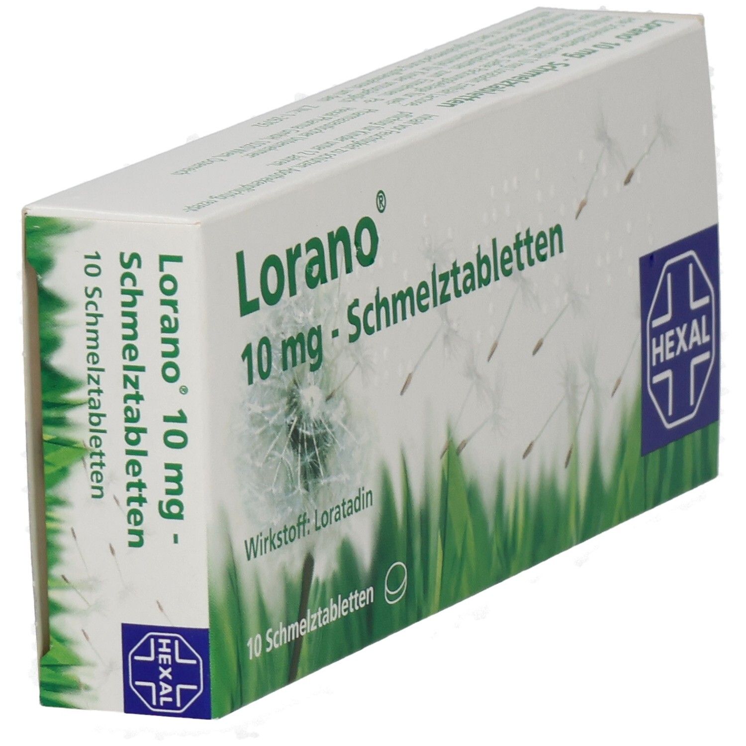 Schachtel LORANO 10 mg Schmelztabletten. Grün-weißes Design, Logo und Text. Enthält 10 Tabletten. Hexal-Logo. Produktname wiederholt.