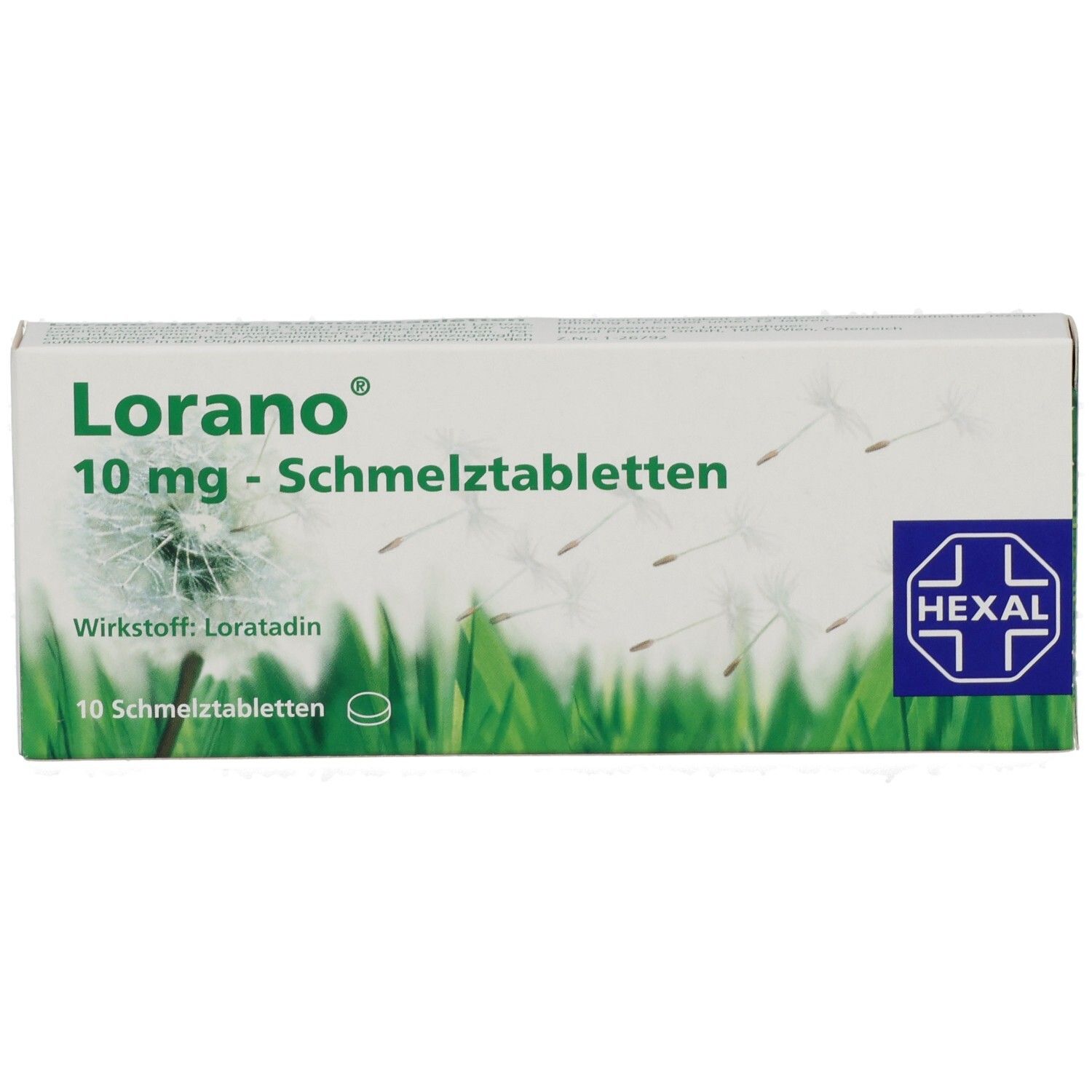 Schachtel mit LORANO 10 mg Schmelztabletten. Grün-weißes Design mit Logo und Text. Enthält 10 Tabletten. Hexal-Logo.