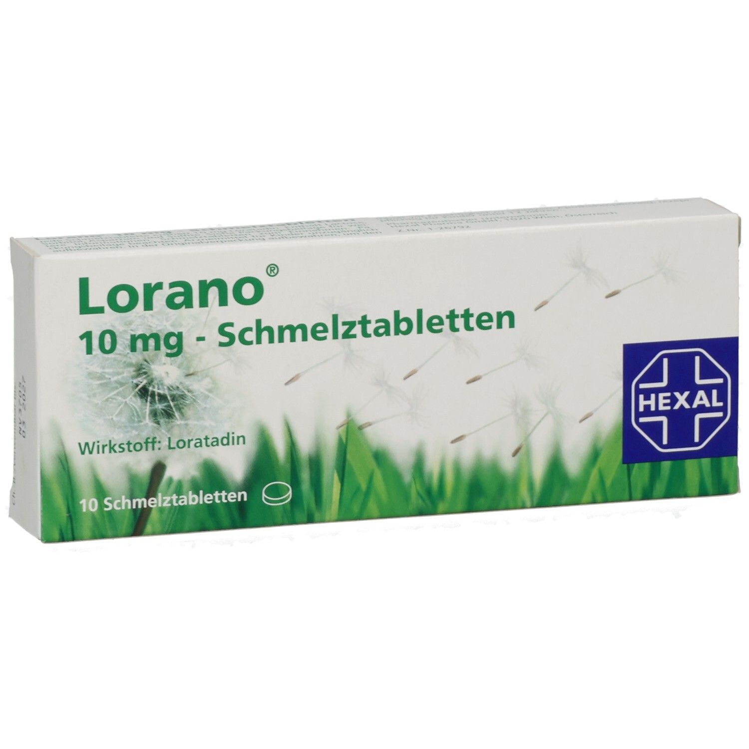 Schachtel mit LORANO 10 mg Schmelztabletten. Grün-weißes Design mit Logo und Text. Enthält 10 Tabletten. Hexal-Logo.