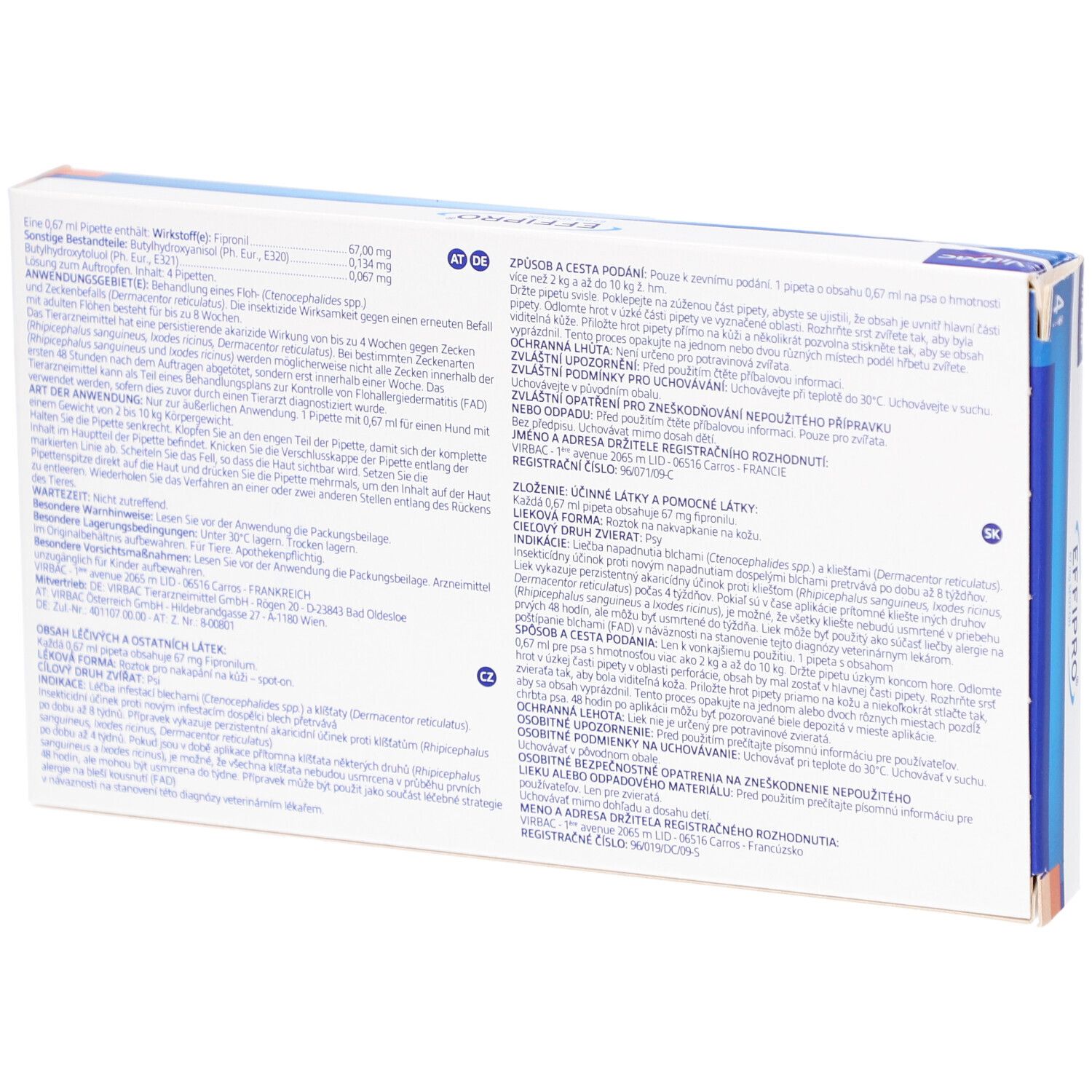 Rückseite der EFFIPRO®-Verpackung. Enthält Produktinformationen, Inhaltsstoffe und Gebrauchsanweisung.