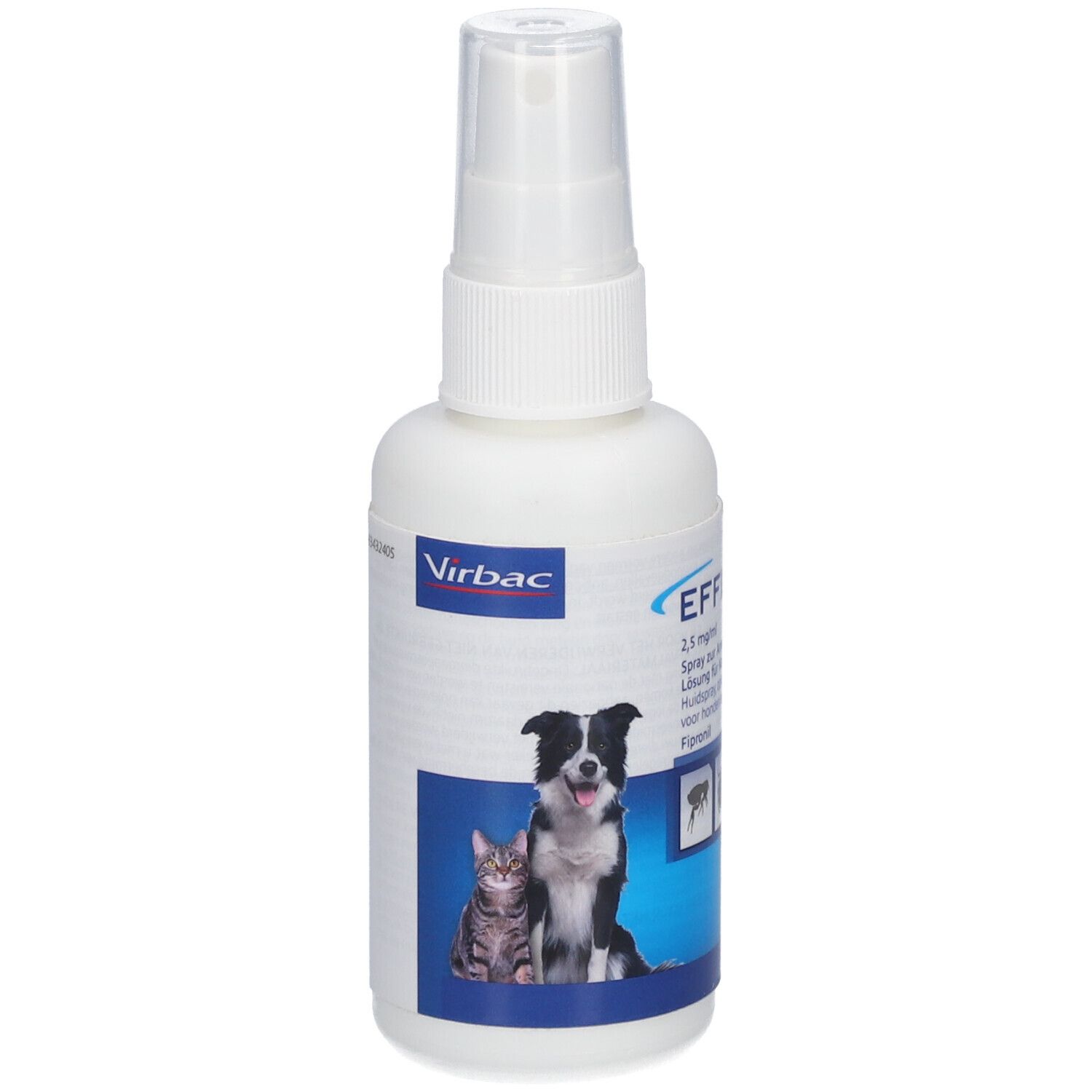 Weiße Sprühflasche mit Virbac-Logo und EFFIPRO-Etikett. Abbildung von Hund und Katze.