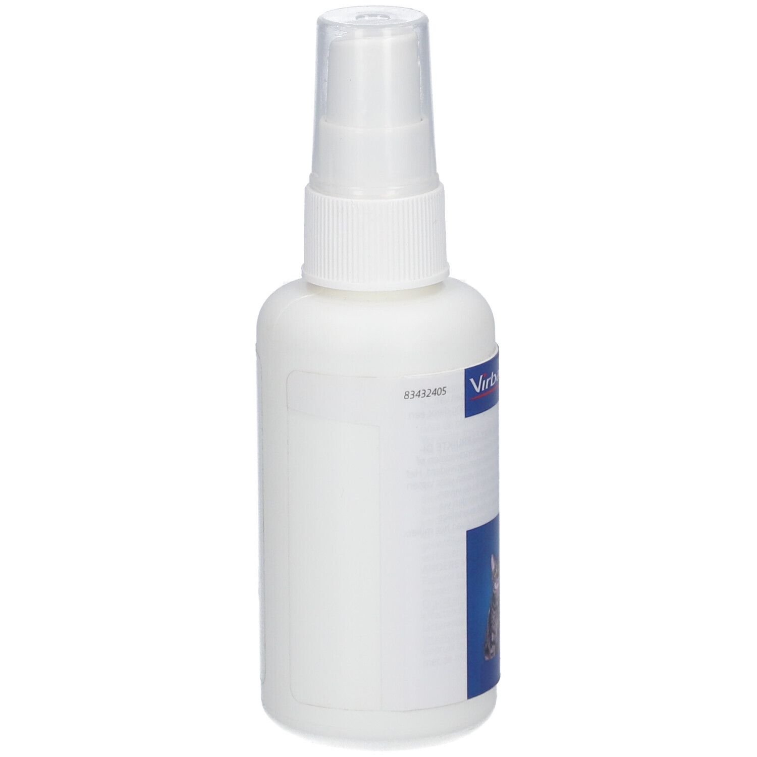 Weiße Sprühflasche mit Virbac-Logo. Seitenansicht mit Produktinformationen und Barcode.