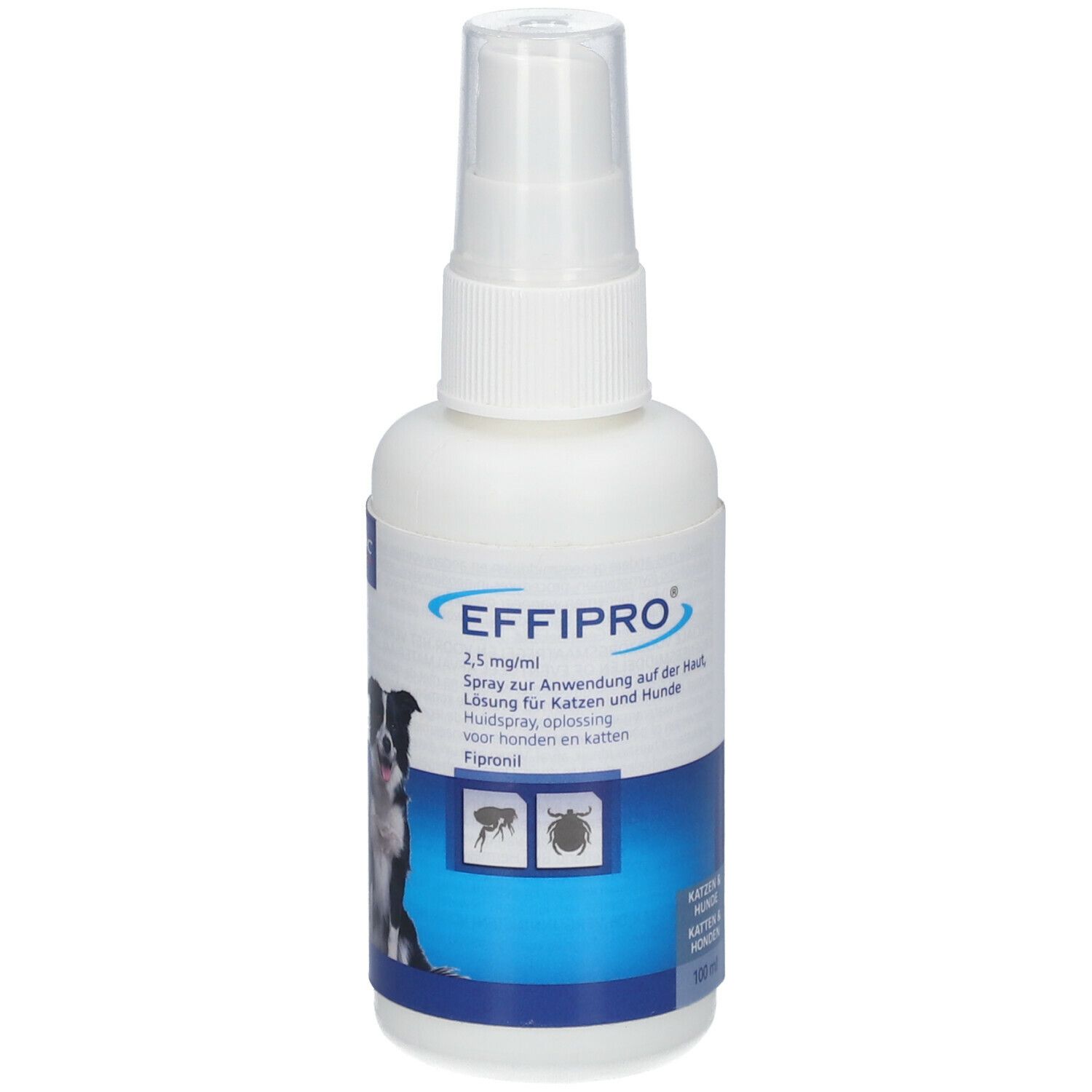 Weiße Sprühflasche mit Produktinformationen und Barcode. Enthält 100 ml.