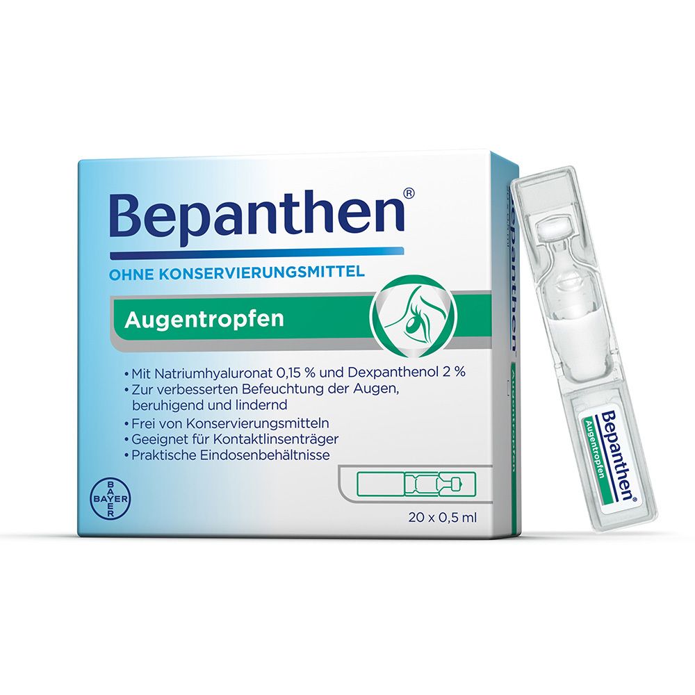 Verpackung von Bepanthen Augentropfen. Enthält 20 Einzeldosen. Aufschrift: Ohne Konservierungsmittel. Eine Einzeldosis liegt daneben.