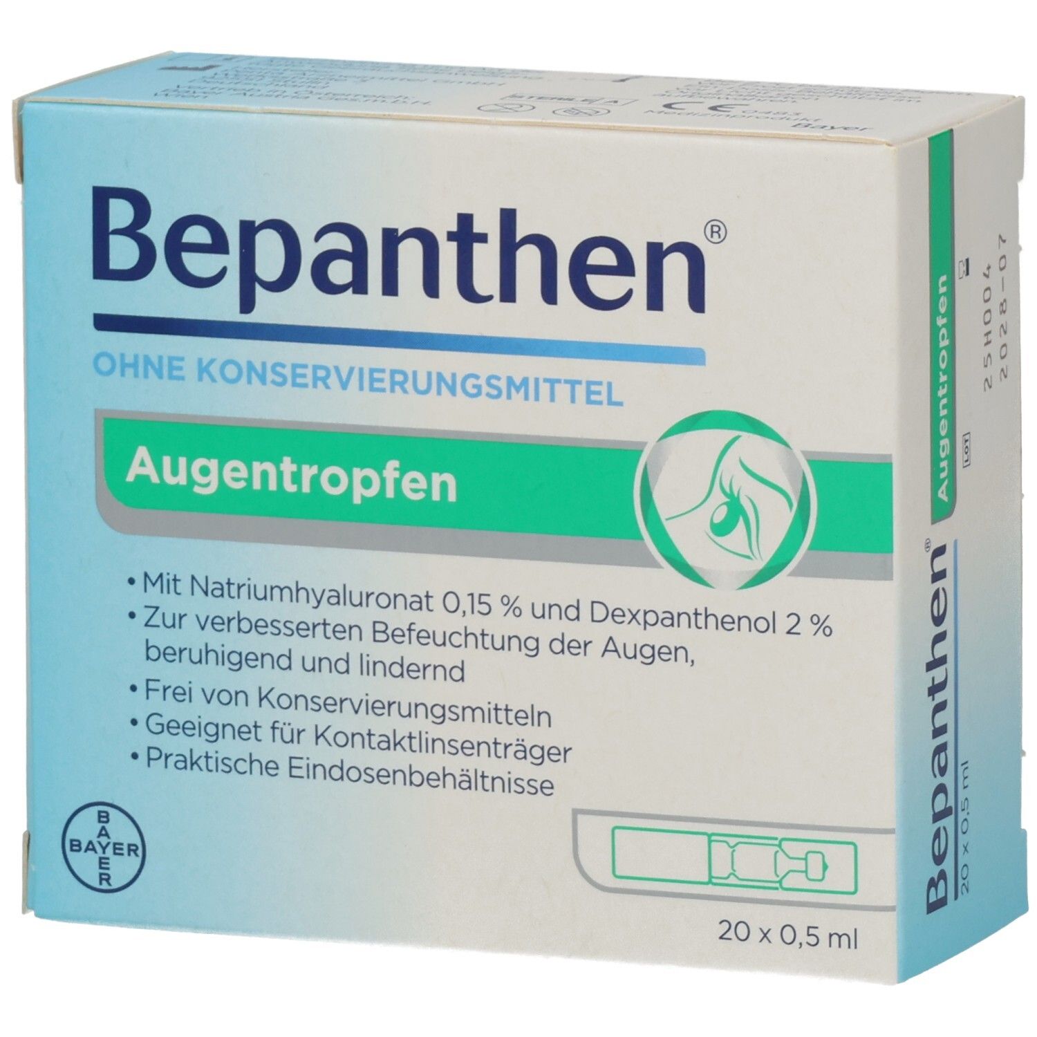 Verpackung von Bepanthen Augentropfen ohne Konservierungsmittel. Enthält 20 x 0,5 ml. Text: Augentropfen, Natriumhyaluronat, Dexpanthenol.