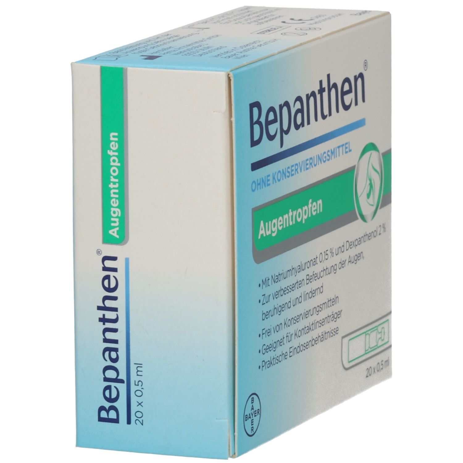 Schrägansicht der Bepanthen Augentropfen Verpackung. Text: Augentropfen, ohne Konservierungsmittel, 20 x 0,5 ml.
