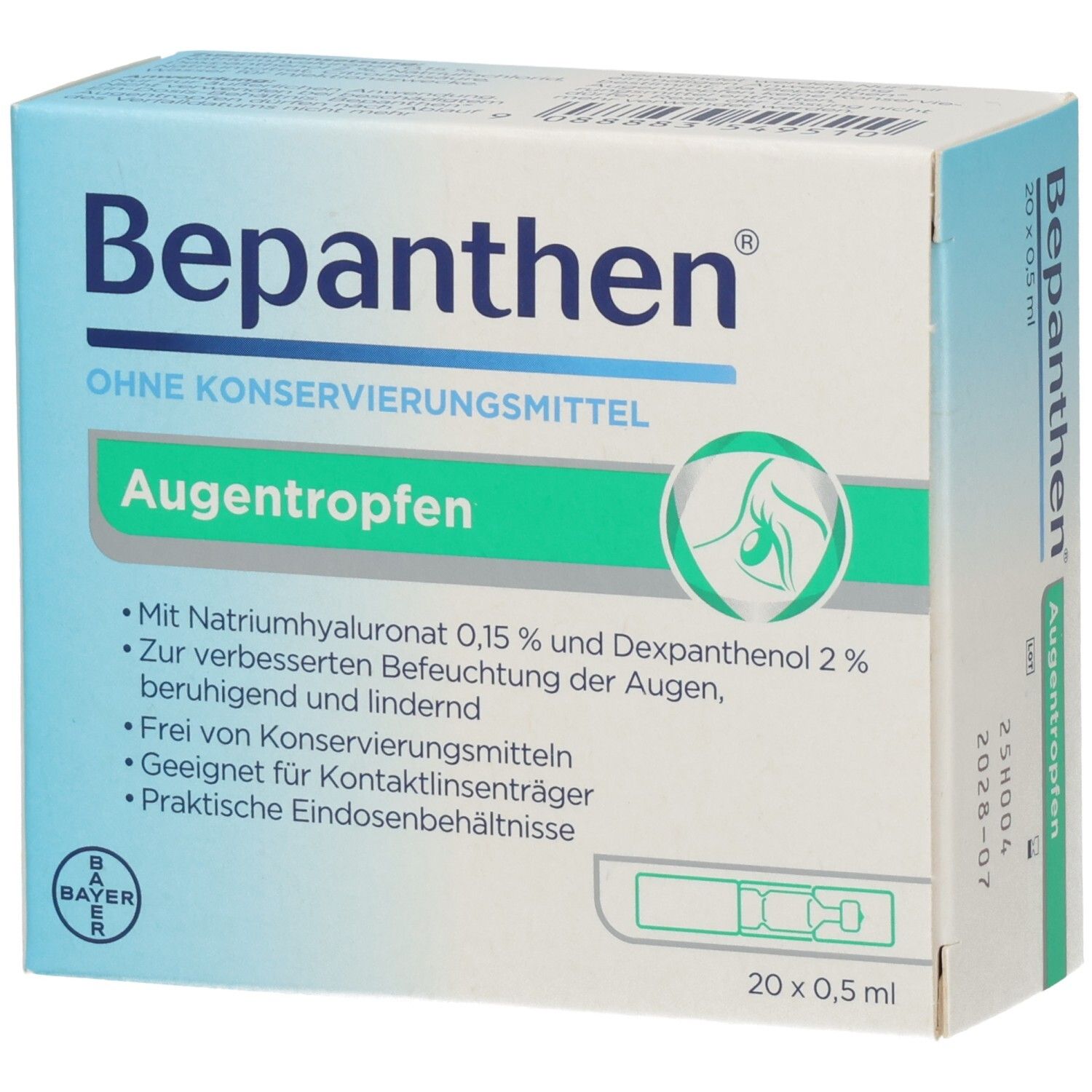 Verpackung von Bepanthen Augentropfen ohne Konservierungsmittel. Enthält 20 x 0,5 ml. Text: Augentropfen, Natriumhyaluronat, Dexpanthenol.