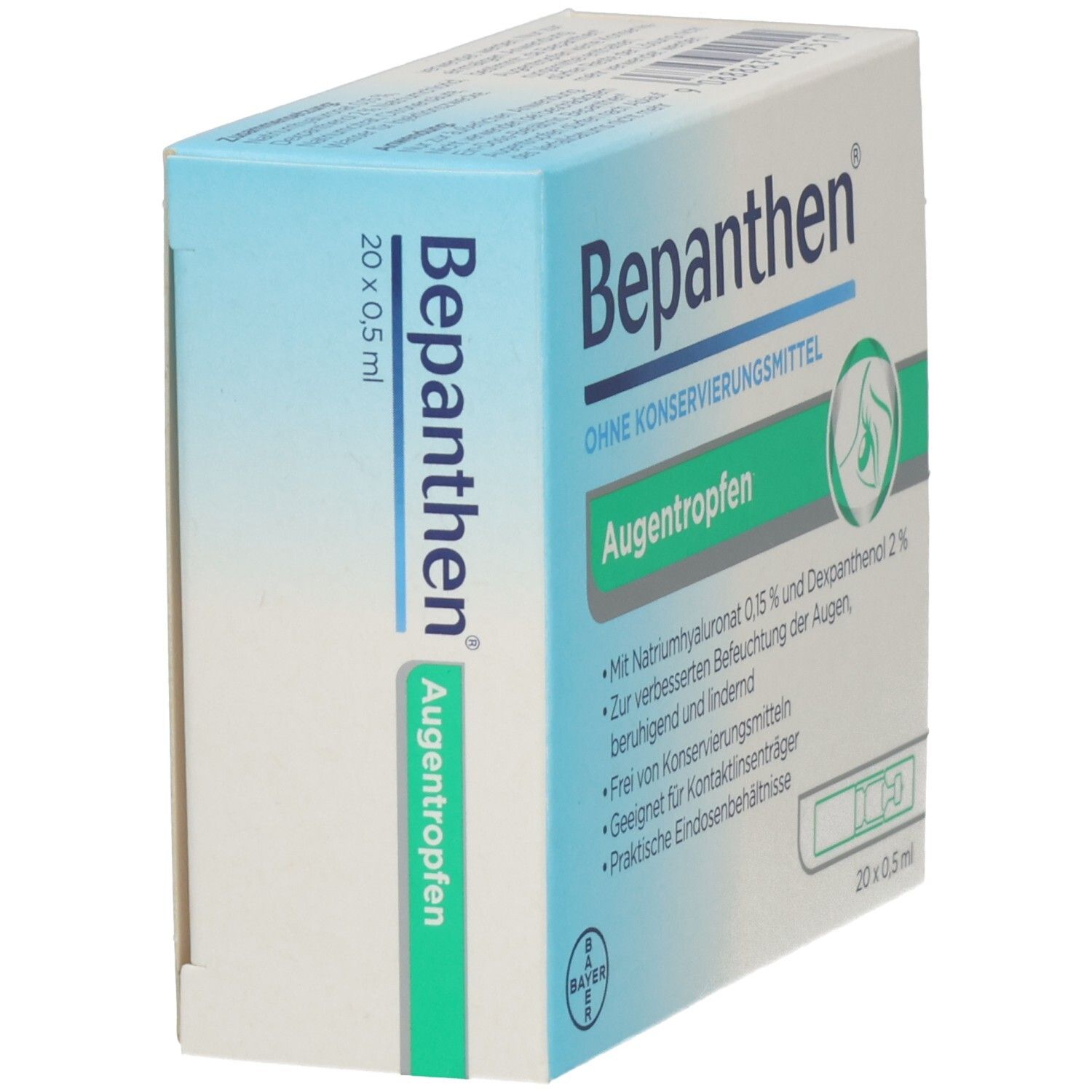 Schrägansicht der Bepanthen Augentropfen Verpackung. Text: Augentropfen, ohne Konservierungsmittel, 20 x 0,5 ml.