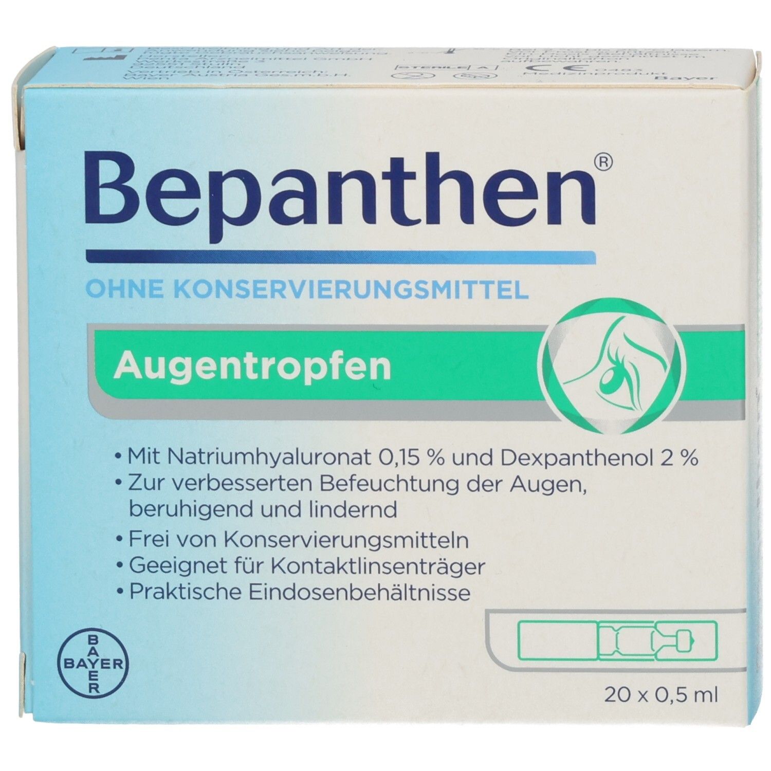 Verpackung von Bepanthen Augentropfen ohne Konservierungsmittel. Enthält 20 x 0,5 ml. Text: Augentropfen, Natriumhyaluronat, Dexpanthenol.