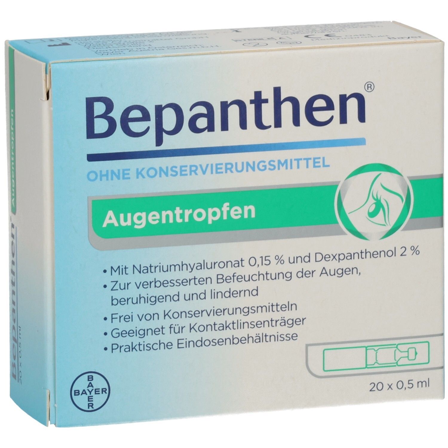 Verpackung von Bepanthen Augentropfen ohne Konservierungsmittel. Enthält 20 x 0,5 ml. Text: Augentropfen, Natriumhyaluronat, Dexpanthenol.