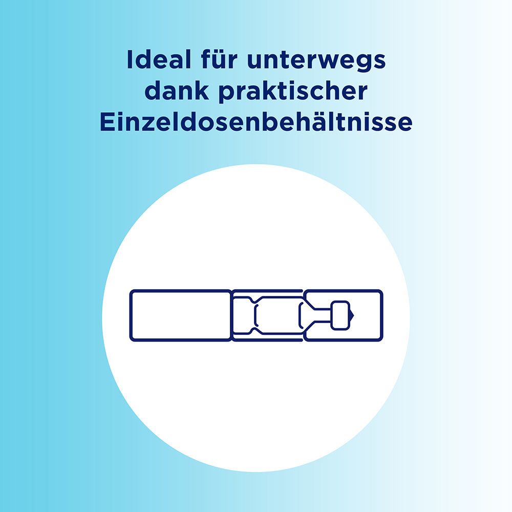 Abbildung einer Einzeldosis-Ampulle. Text: Ideal für unterwegs dank praktischer Einzeldosenbehältnisse.