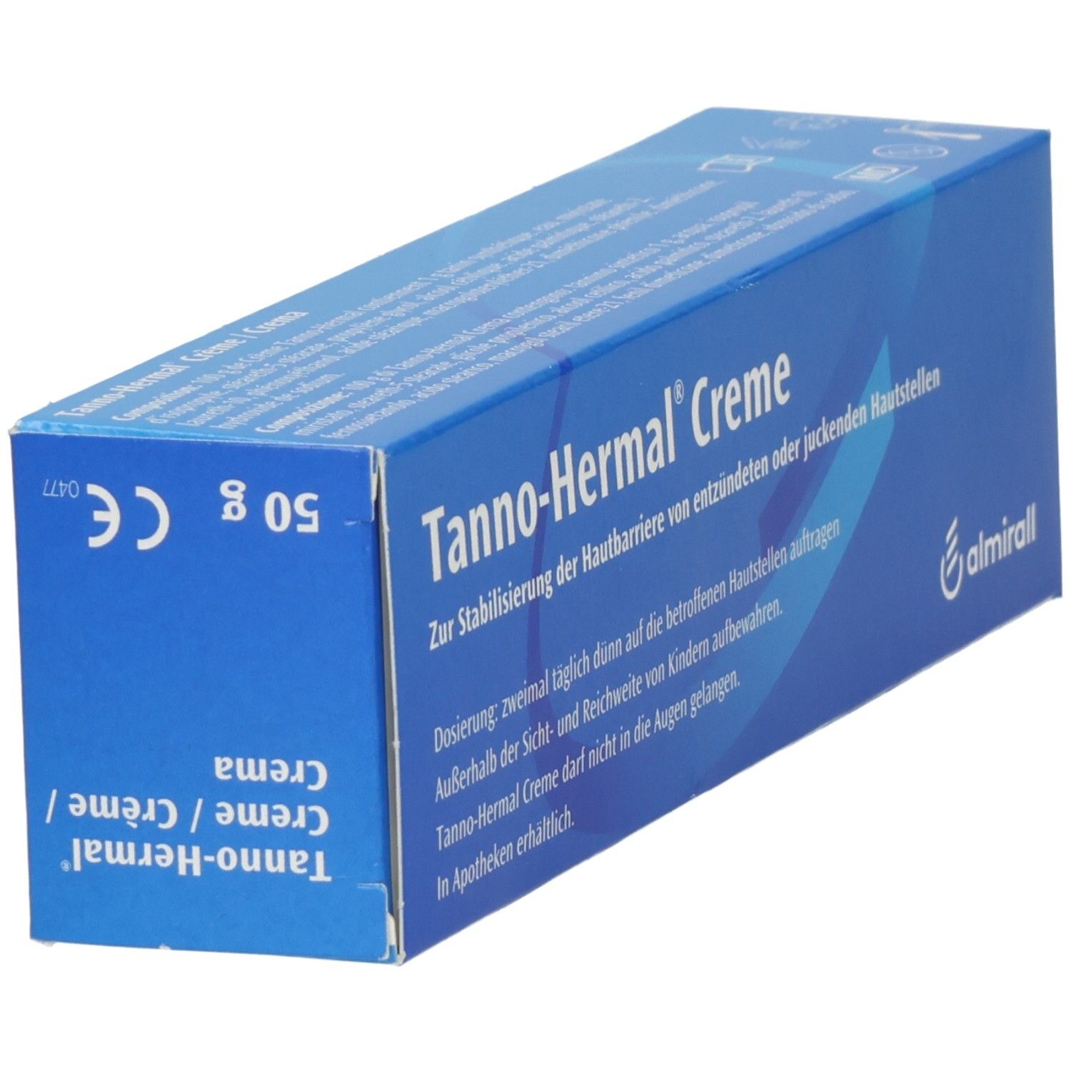 Blau-weiße Faltschachtel, schräg. Produktname: Tanno-Hermal Creme. Aufdruck: 50 g, CE-Kennzeichnung. Logo: almirall.