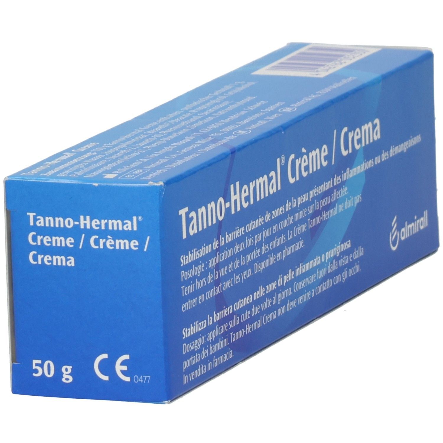 Schräg liegende, blau-weiße Faltschachtel mit Produktnamen Tanno-Hermal Crème / Crema. Logo: almirall. Aufdruck: 50 g, CE-Kennzeichnung.
