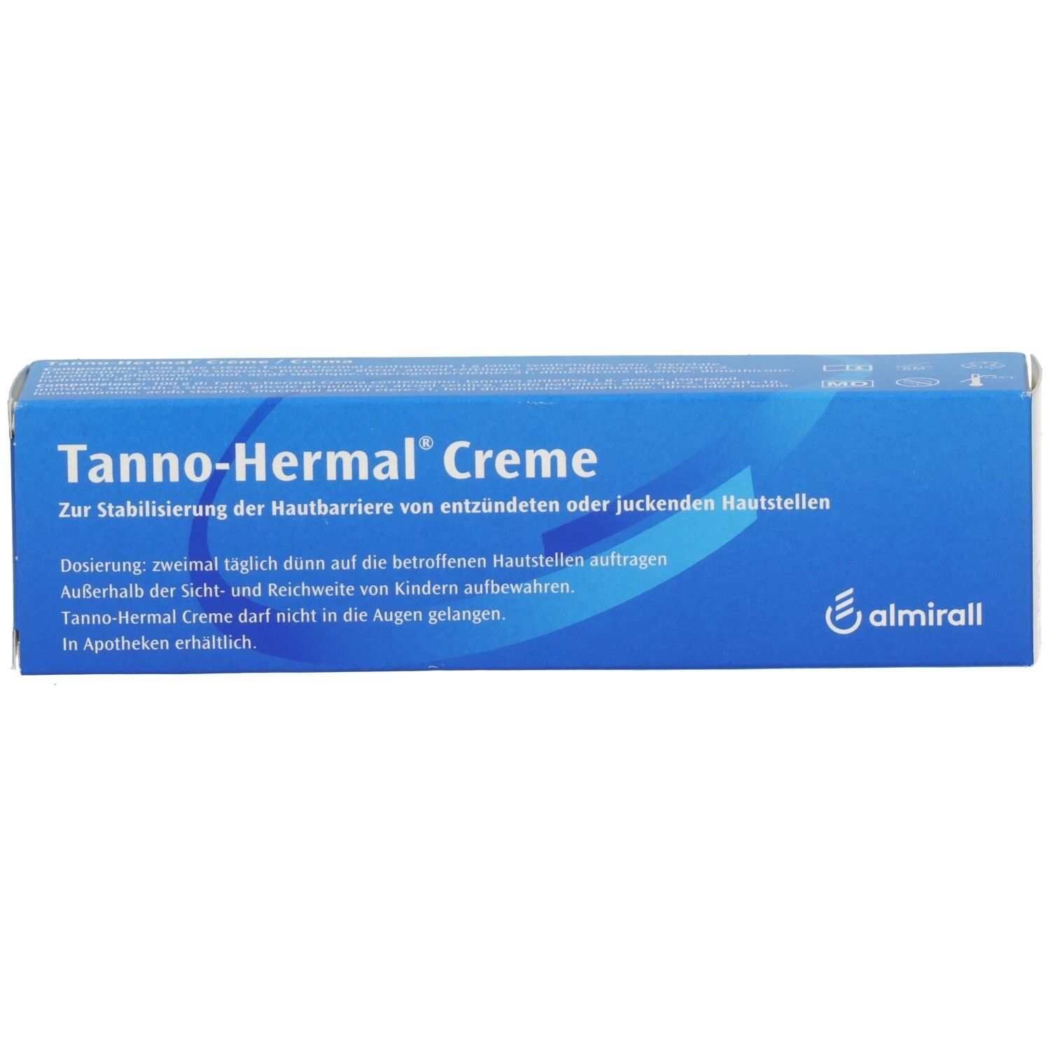 Blau-weiße Faltschachtel mit Produktnamen Tanno-Hermal Creme. Text: Zur Stabilisierung der Hautbarriere. Logo: almirall.