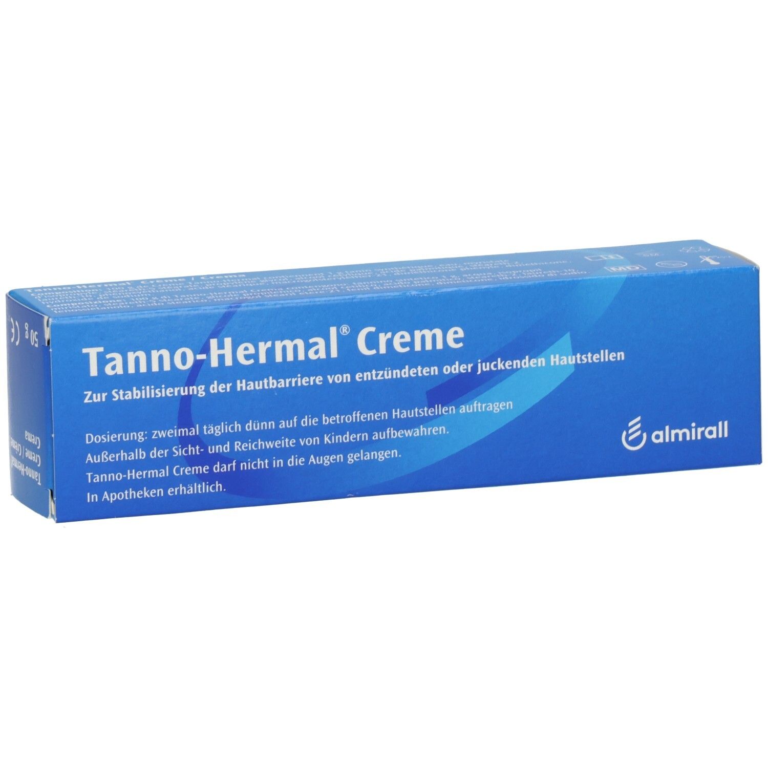 Blau-weiße Faltschachtel mit Produktnamen Tanno-Hermal Creme. Text: Zur Stabilisierung der Hautbarriere. Logo: almirall.