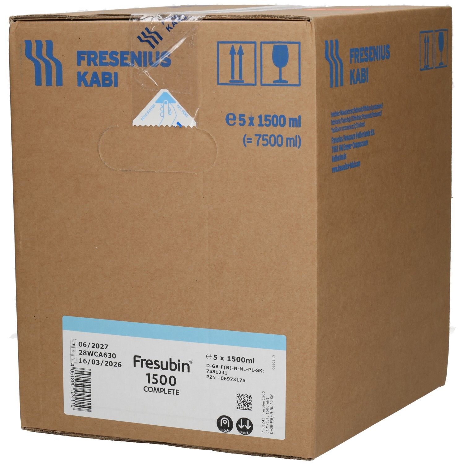 Fresubin 1500 COMPLETE Karton mit 5 x 1500 ml Beuteln. Fresenius Kabi Logo.