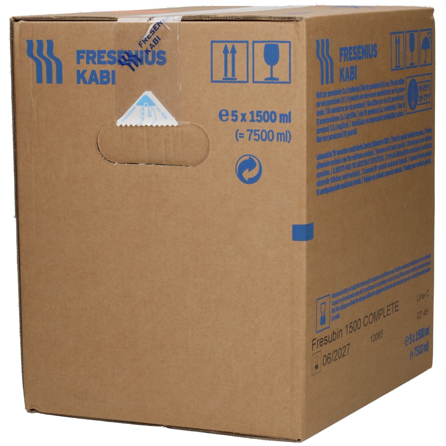 Fresubin 1500 COMPLETE Karton mit Griffmulde und Produktetikett. 5 x 1500 ml.