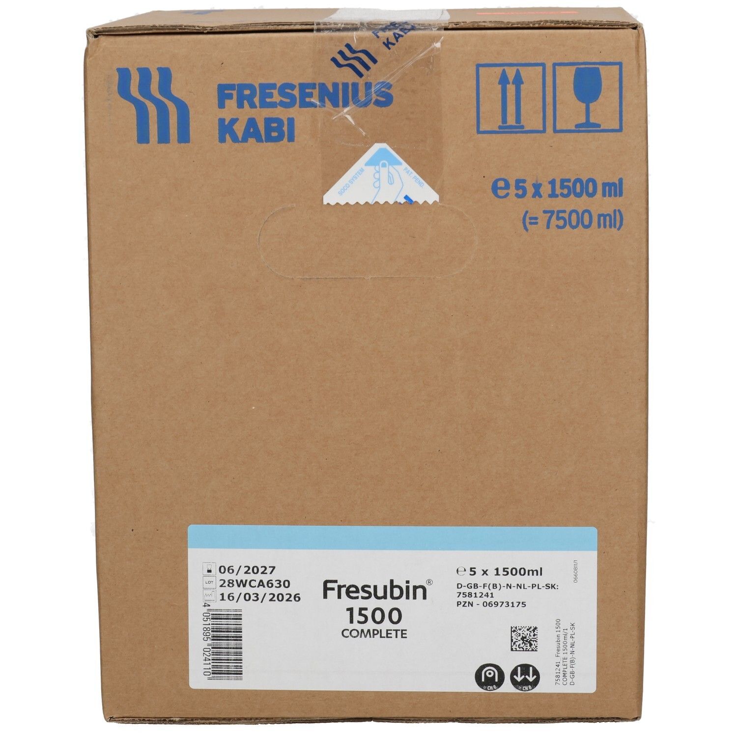Fresubin 1500 COMPLETE Karton mit Produktetikett, Haltbarkeitsdatum und Chargennummer.