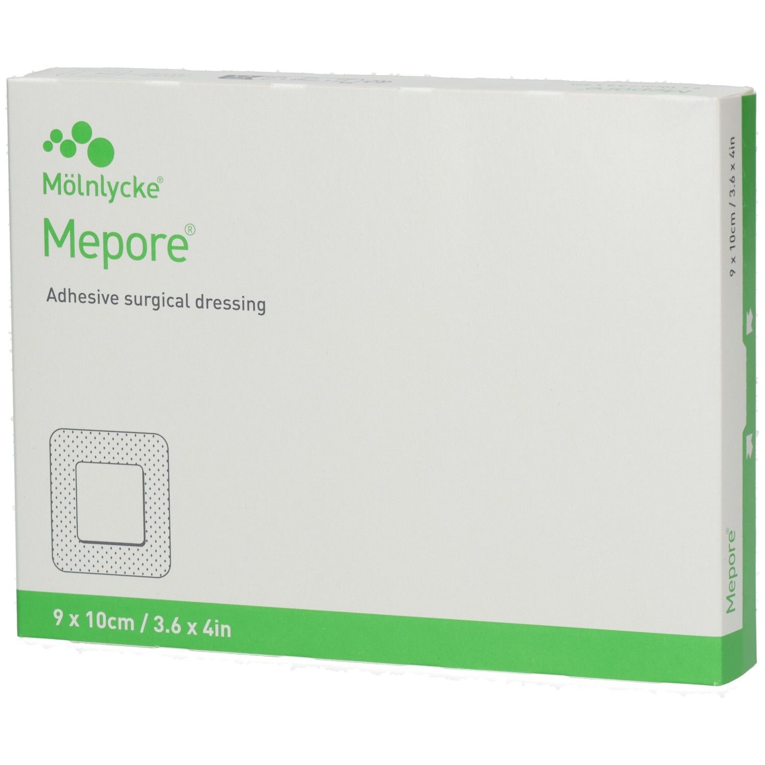 Mepore® Wundverband-Packung. Weißer Karton mit grünem Akzent. Produktname und Größe 9 x 10cm/3.6 x 4in.