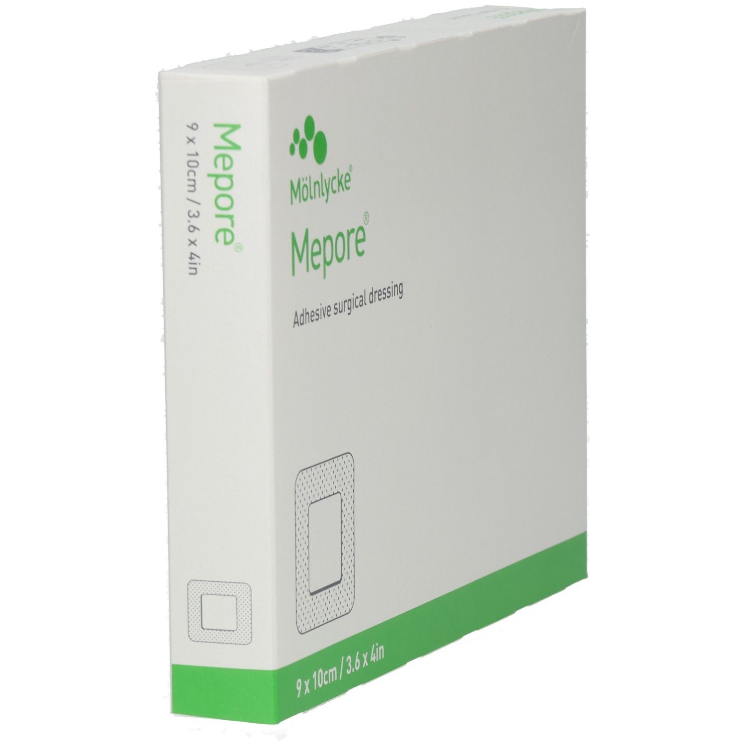 Mepore® Wundverband-Packung, schräg. Weißer Karton mit grünem Akzent. Produktname und Größe 9 x 10cm/3.6 x 4in.