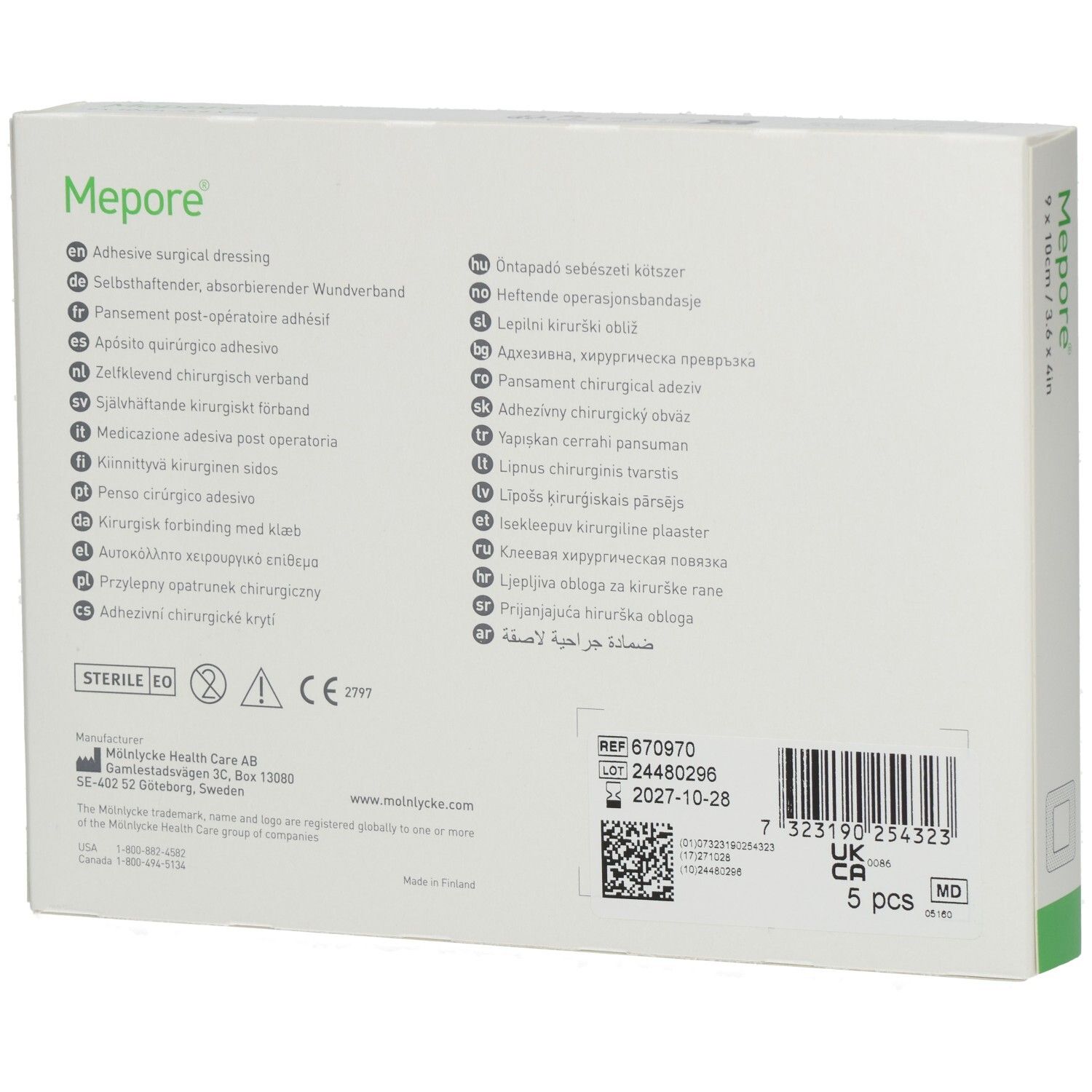 Rückseite der Mepore® Wundverband-Packung. Text in mehreren Sprachen. Informationen zu Hersteller und Haltbarkeit.