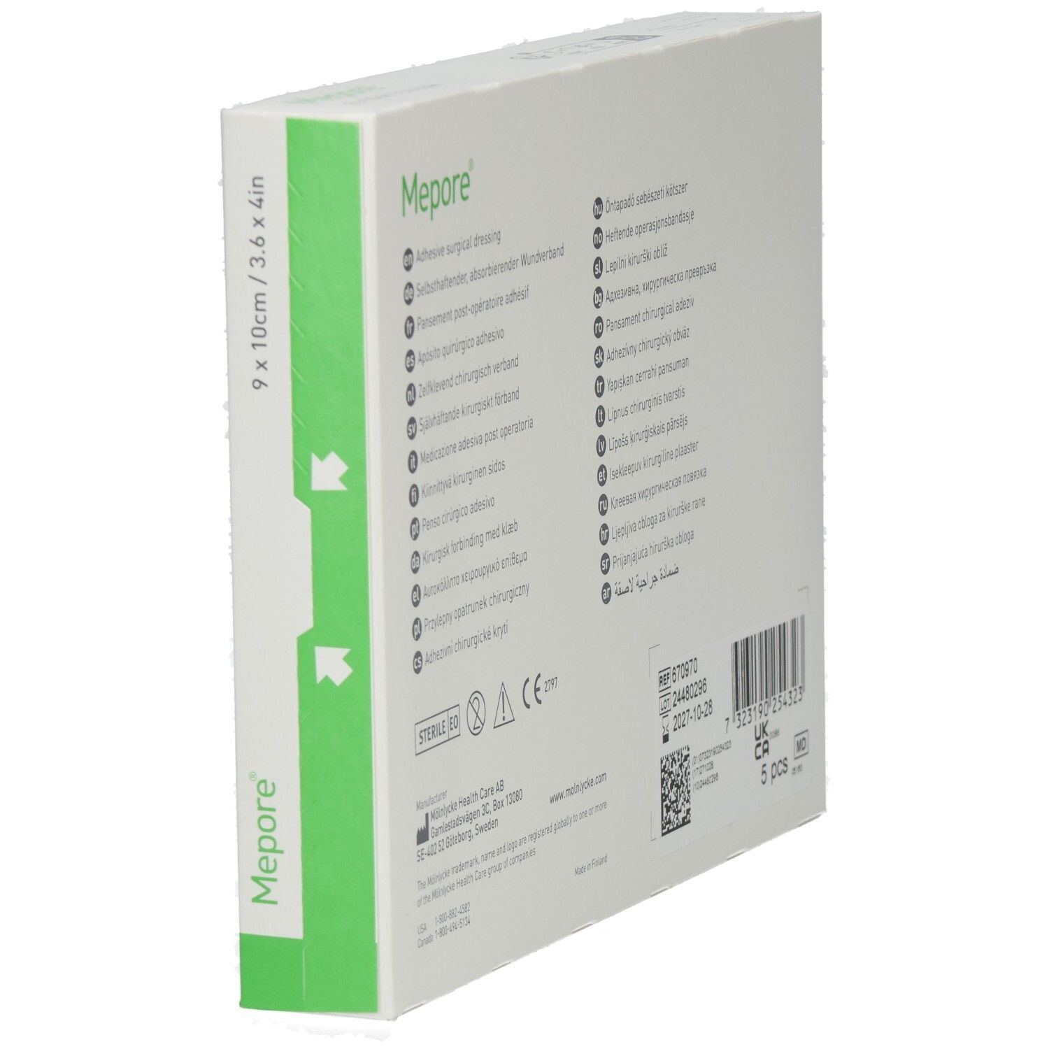 Rückseite der Mepore® Wundverband-Packung, schräg. Text in mehreren Sprachen. Informationen zu Hersteller und Haltbarkeit.