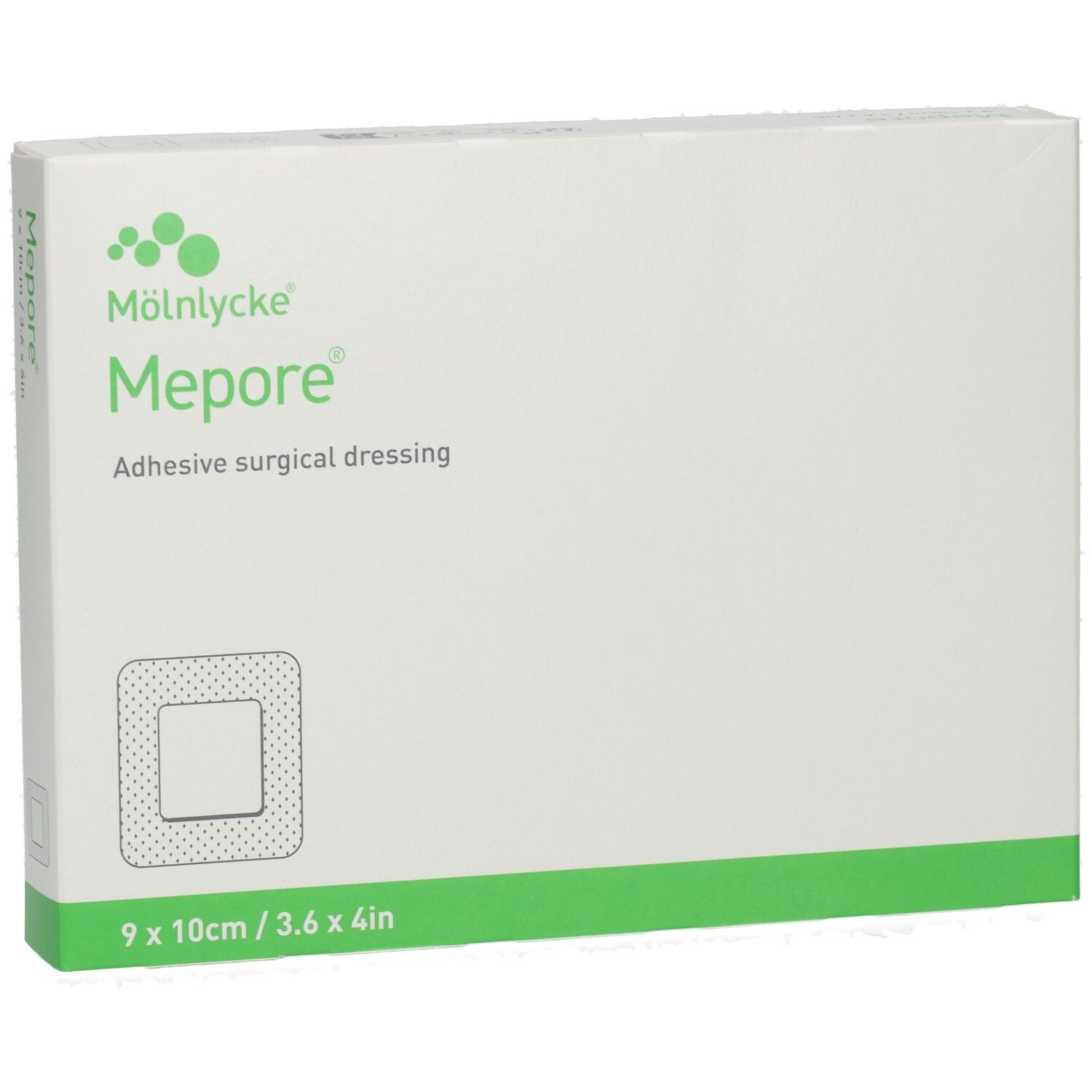 Mepore® Wundverband-Packung. Weißer Karton mit grünem Akzent. Produktname und Größe 9 x 10cm/3.6 x 4in.
