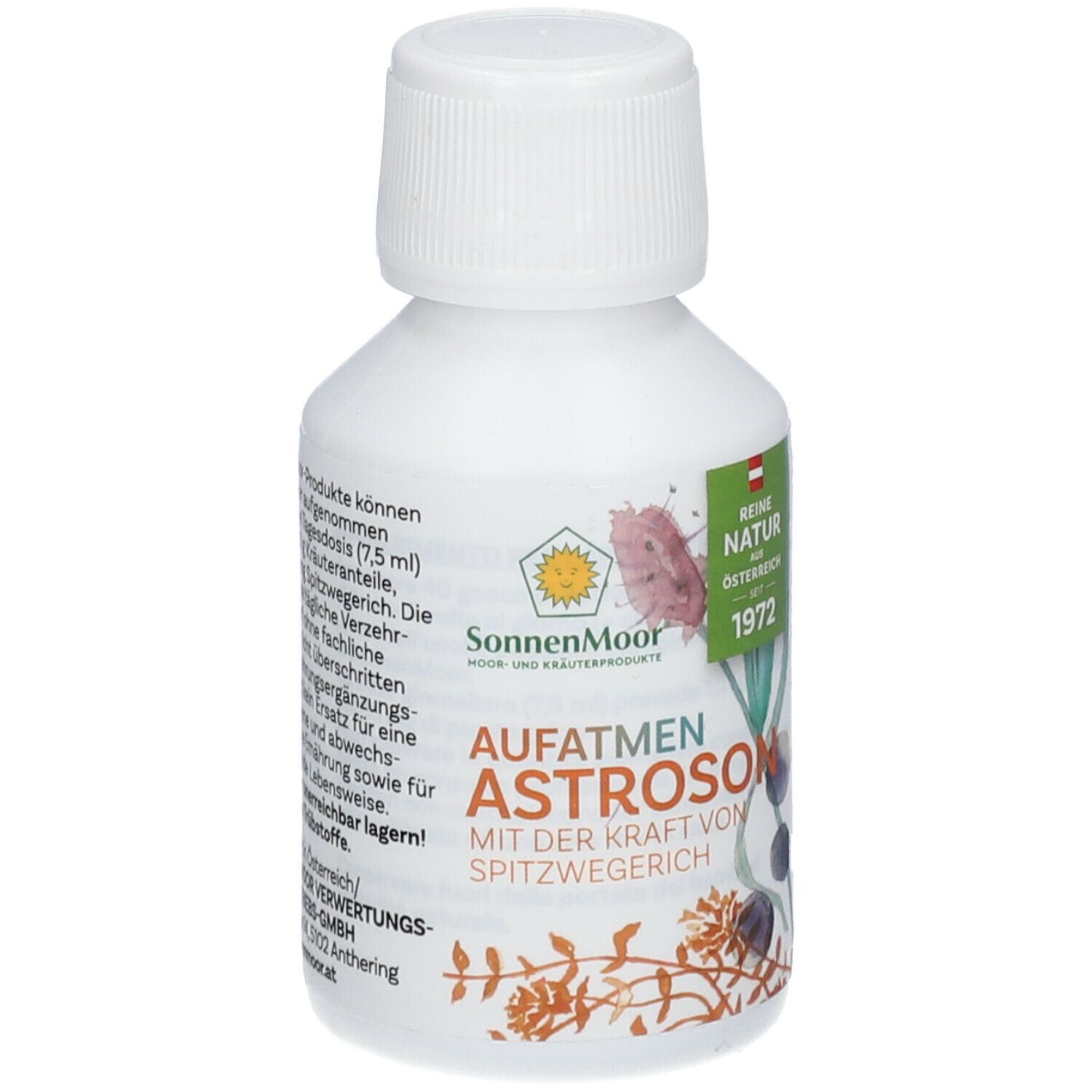Weiße Flasche mit SonnenMoor® Astroson-Etikett. Aufschrift: AUFATMEN, ASTROSON. Logo mit Sonne. "Reine Natur Österreich".