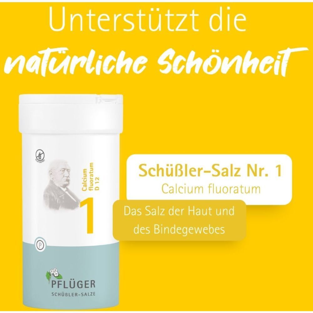 Gelber Hintergrund mit Dose und Text: Schüßler-Salz Nr. 1 Calcium fluoratum. Das Salz der Haut und des Bindegewebes.