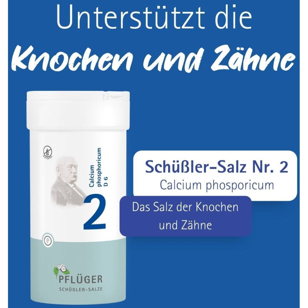 Weiße Tabletten in einer weißen Dose. Aufschrift: Schüßler-Salz Nr. 2 Calcium phosphoricum. Text auf blauem Hintergrund.