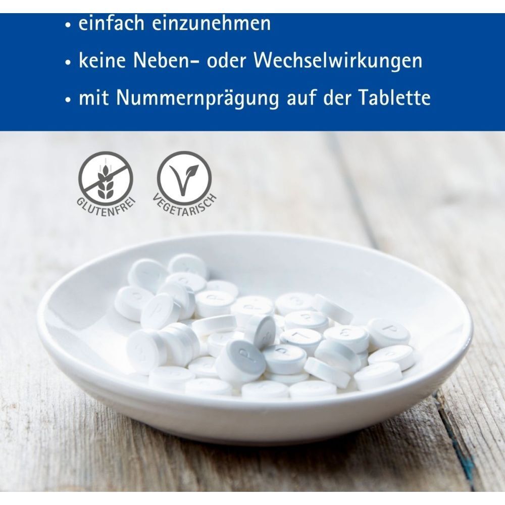 Weiße Tabletten in einer Schale. Text: glutenfrei, vegetarisch. Aufschrift: Pflüger.