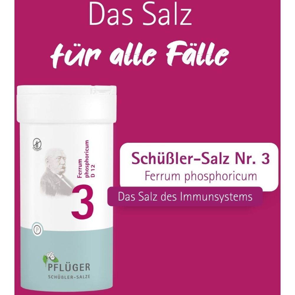 Produkt-Werbung mit Dose und Text: Schüßler-Salz Nr. 3 Ferrum phosphoricum. Das Salz des Immunsystems.