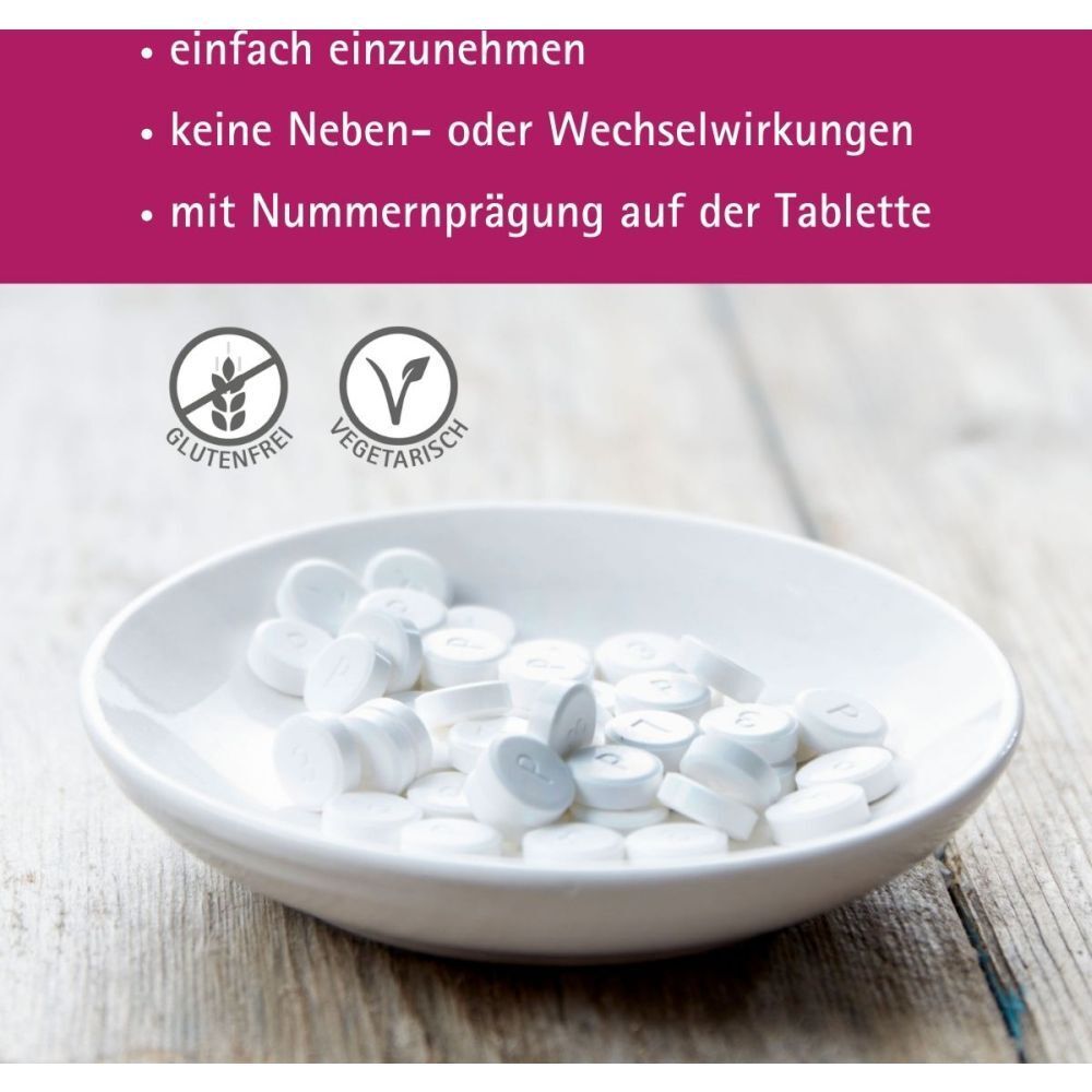 Weiße Tabletten in einer Schale. Text: glutenfrei, vegetarisch. Weitere Texte: einfach einzunehmen, keine Nebenwirkungen.