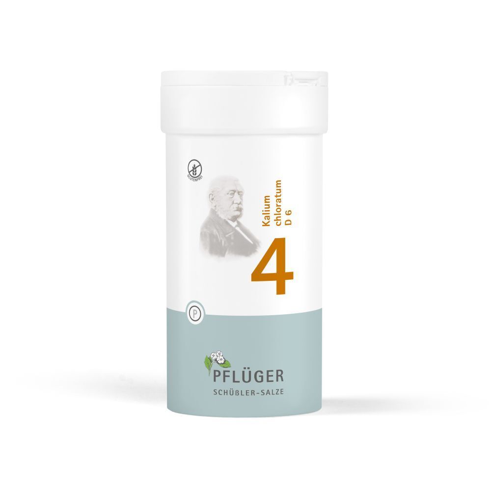 Weiße Tabletten in einer weißen Dose. Aufschrift: Kalium chloratum D6, 4, Pflüger Schüßler-Salze.