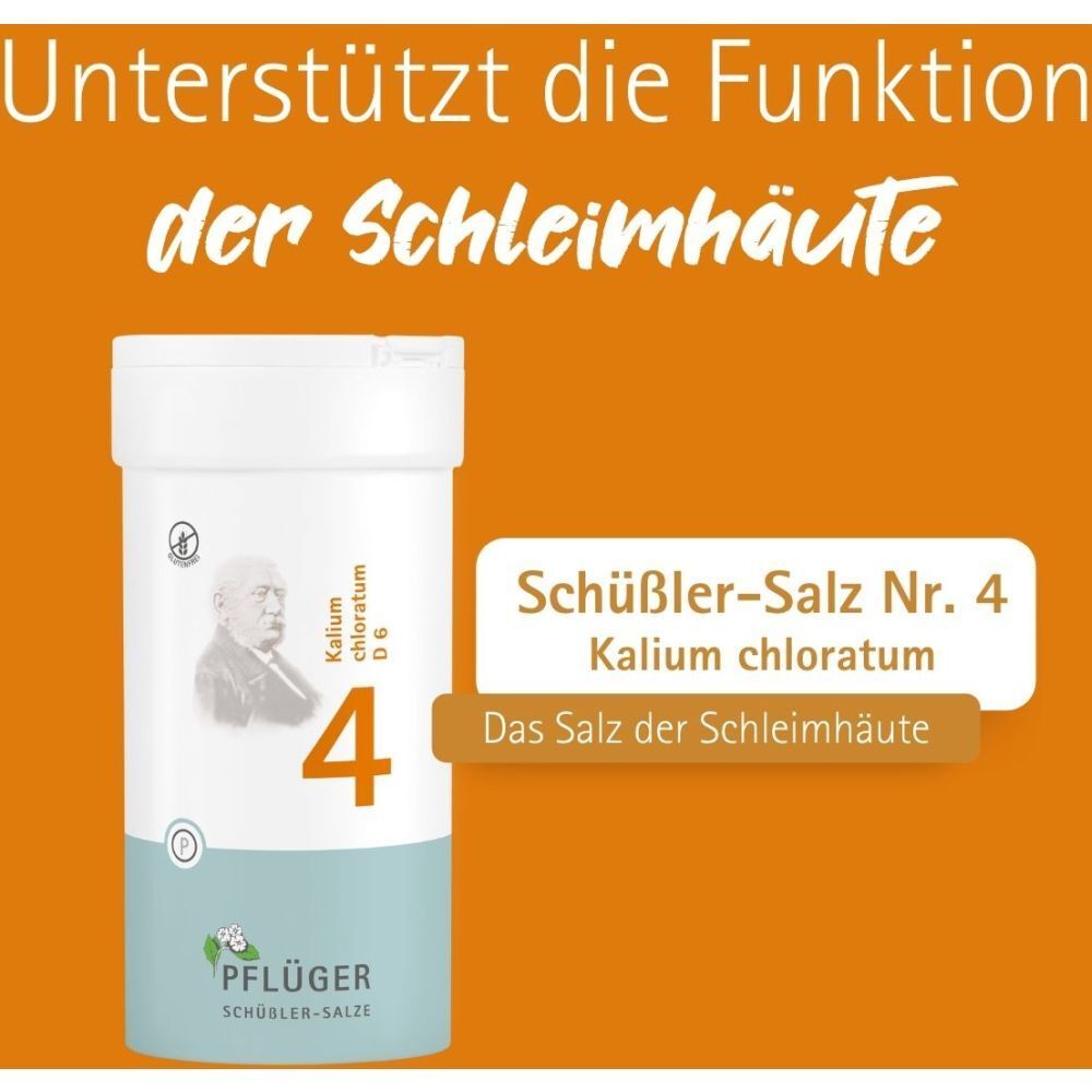 Weiße Dose mit Tabletten. Text: Schüßler-Salz Nr. 4 Kalium chloratum. Das Salz der Schleimhäute.