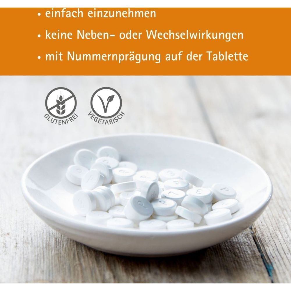 Tabletten in Schale. Text: einfach einzunehmen, keine Nebenwirkungen, mit Nummerprägung, glutenfrei, vegetarisch.