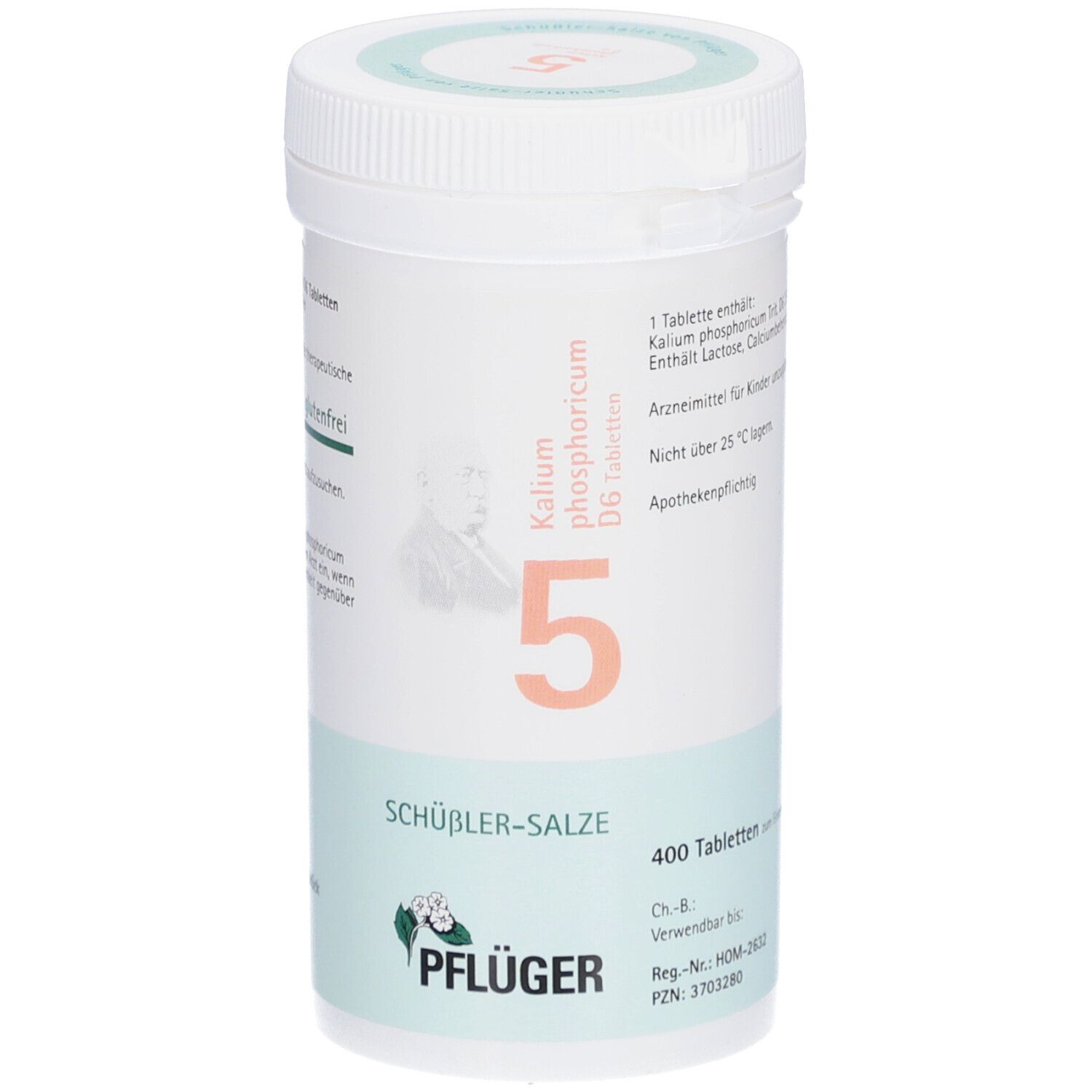 Weiße Tabletten-Dose mit grünem und orangefarbenem Etikett. Aufschrift: Schüßler-Salze 5 Kalium phosphoricum D6 Tabletten, 400 Tabletten.