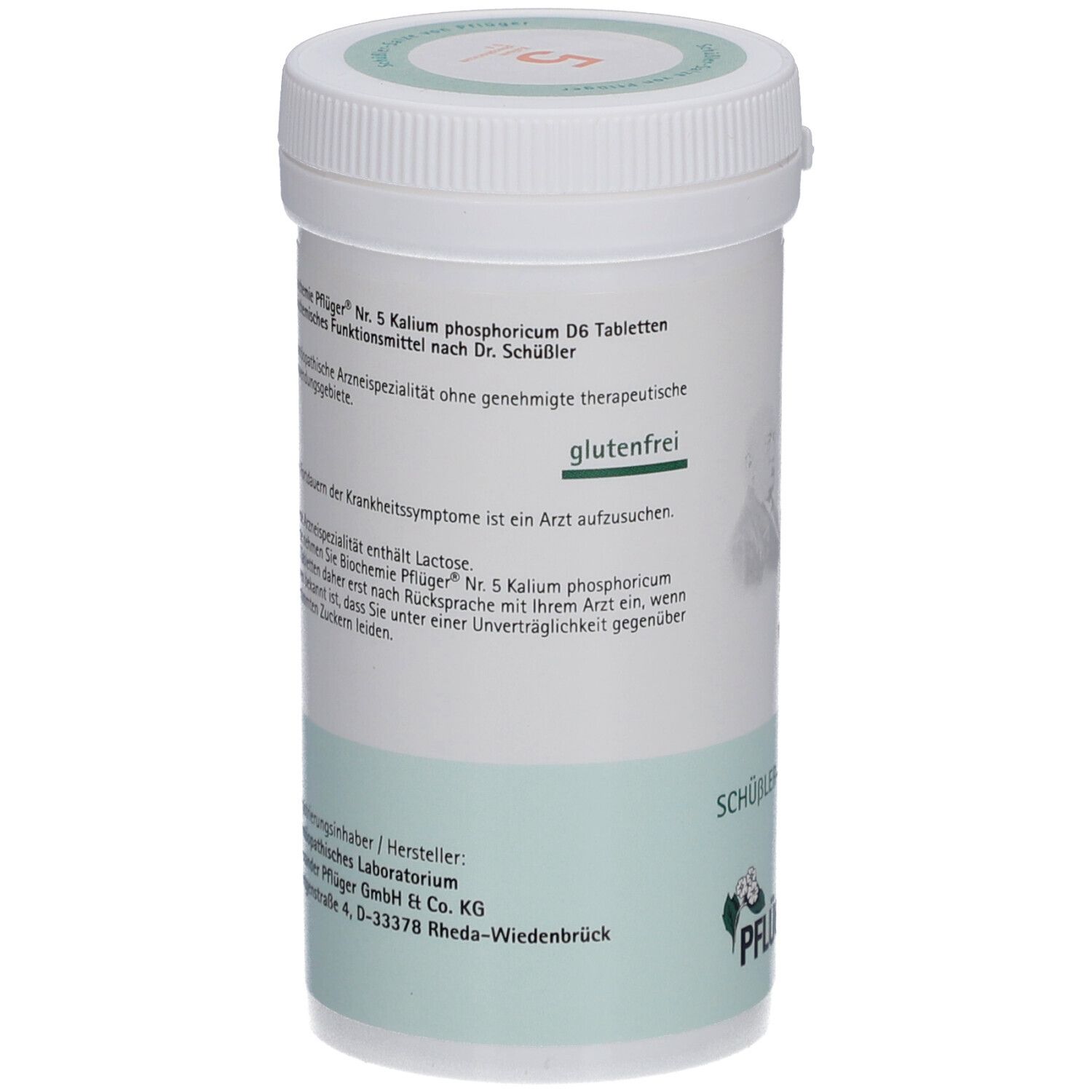 Rückseite einer weißen Tabletten-Dose. Aufschrift: Nr. 5 Kalium phosphoricum D6 Tabletten, glutenfrei. Hersteller: Pflüger GmbH & Co. KG.