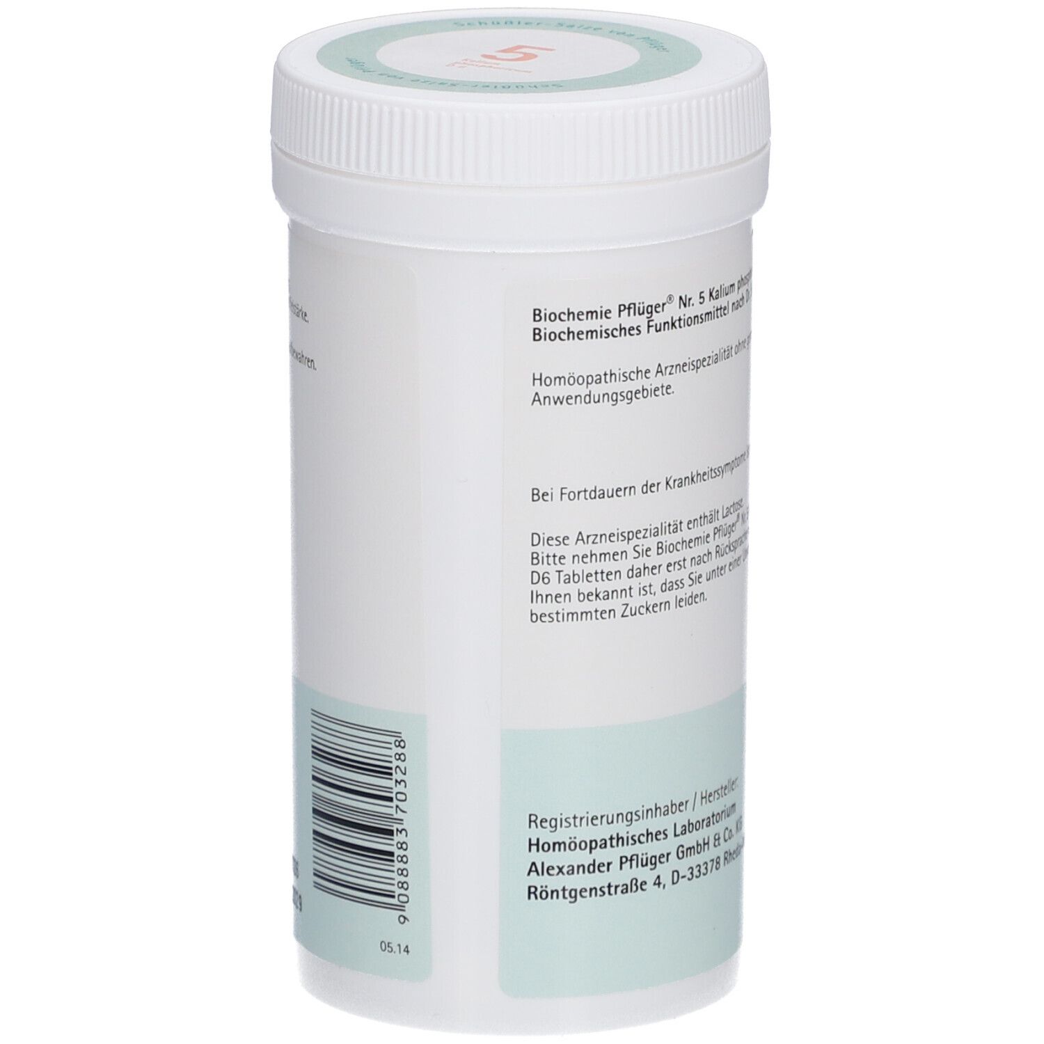 Rückseite einer weißen Tabletten-Dose. Aufschrift: Biochemie Pflüger Nr. 5 Kalium phosphoricum D6 Tabletten. Hersteller: Alexander Pflüger GmbH.
