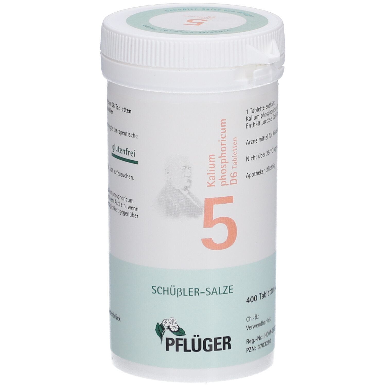 Weiße Tabletten-Dose mit grünem und orangefarbenem Etikett. Aufschrift: Schüßler-Salze 5 Kalium phosphoricum D6 Tabletten, 400 Tabletten.