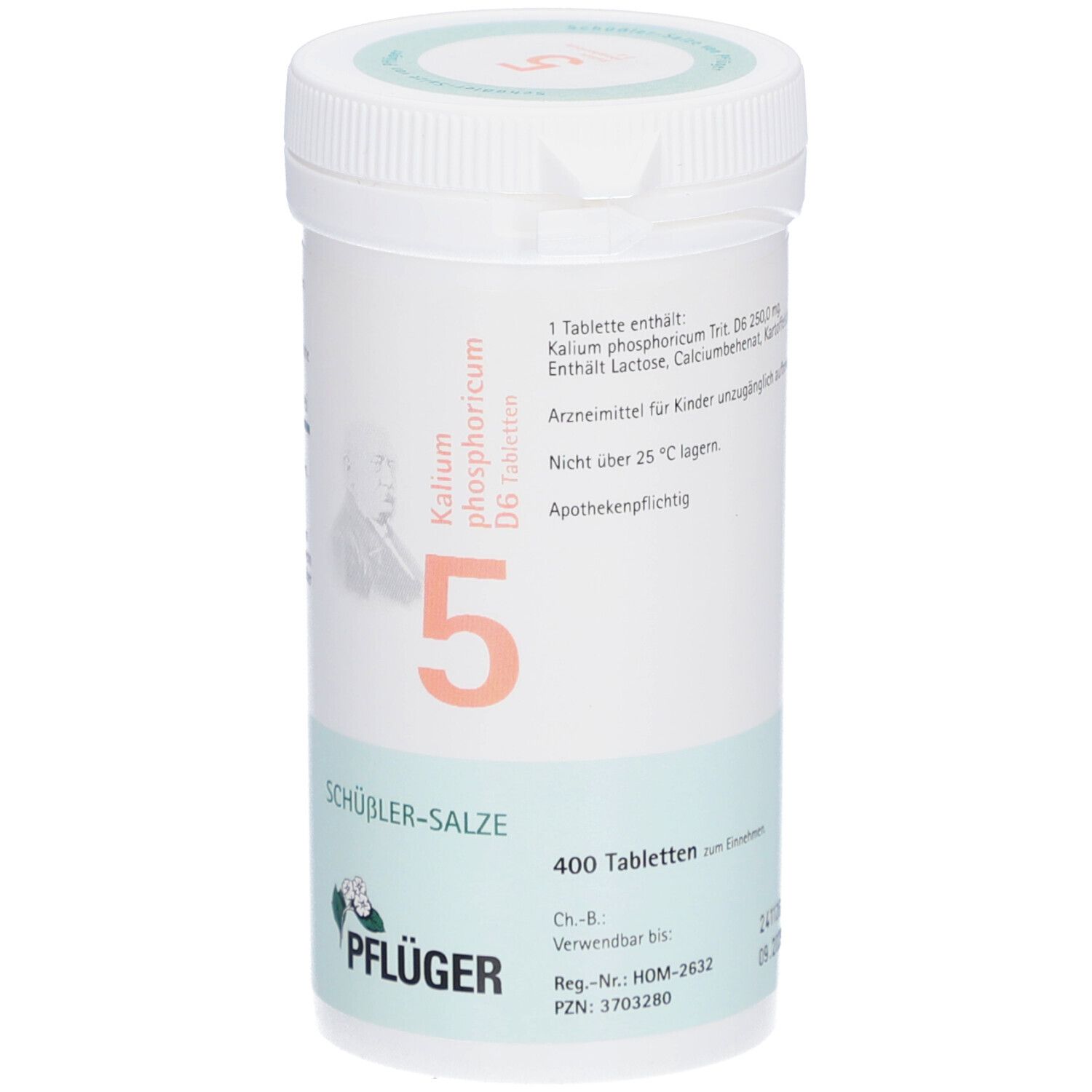 Weiße Tabletten-Dose mit grünem und orangefarbenem Etikett. Aufschrift: Schüßler-Salze 5 Kalium phosphoricum D6 Tabletten, 400 Tabletten.
