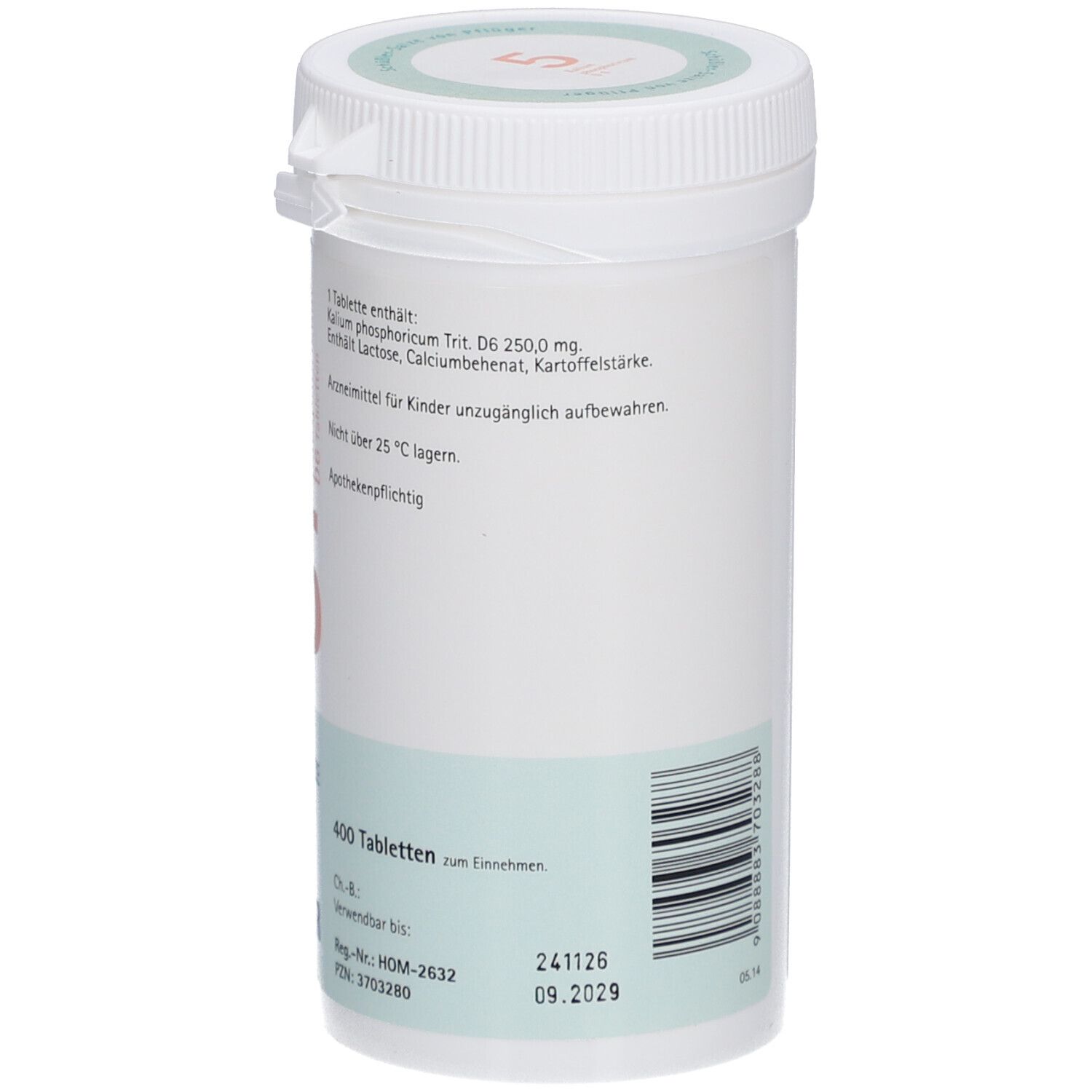 Weiße Tabletten-Dose mit grünem und orangefarbenem Etikett. Aufschrift: Schüßler-Salze 5 Kalium phosphoricum D6 Tabletten, 400 Tabletten.