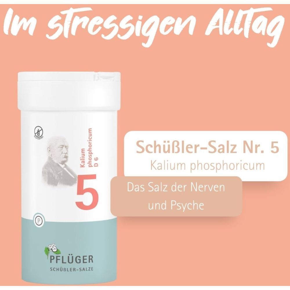 Weiße Tabletten-Dose mit Aufschrift. Enthält Kalium phosphoricum D6. Pflüger-Logo.
