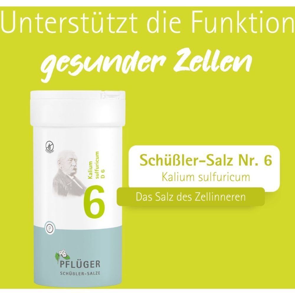 Weiße Tabletten in einer weißen Dose. Aufschrift: Kalium sulfuricum D6, 6, Pflüger Schüßler-Salz Nr. 6.